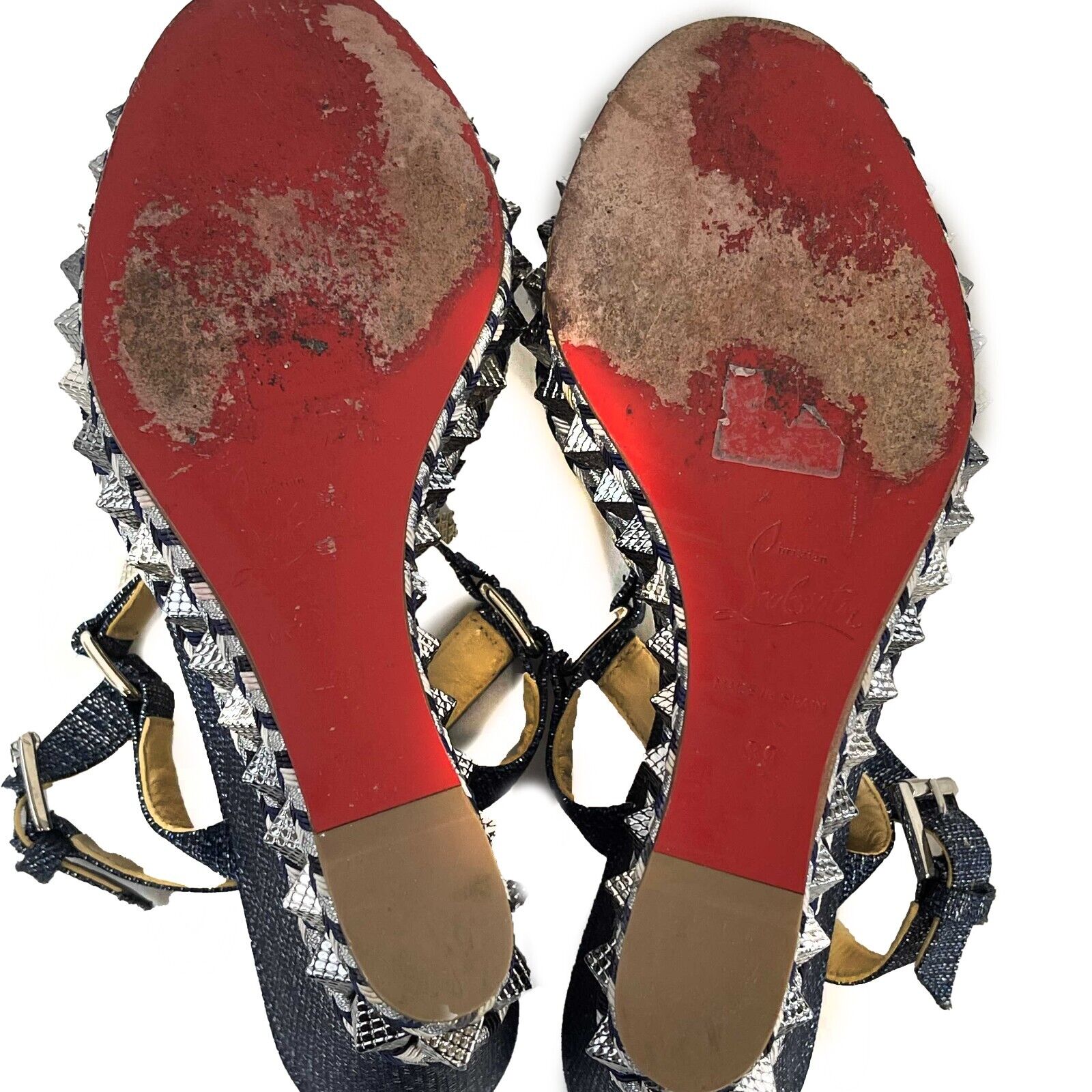 Christian Louboutin Pyraclou Spike Denim Wedge Sandals Women's Size 39 (US 9) - Stylish High Heel Shoes for Parties, Weddings & Evening Events