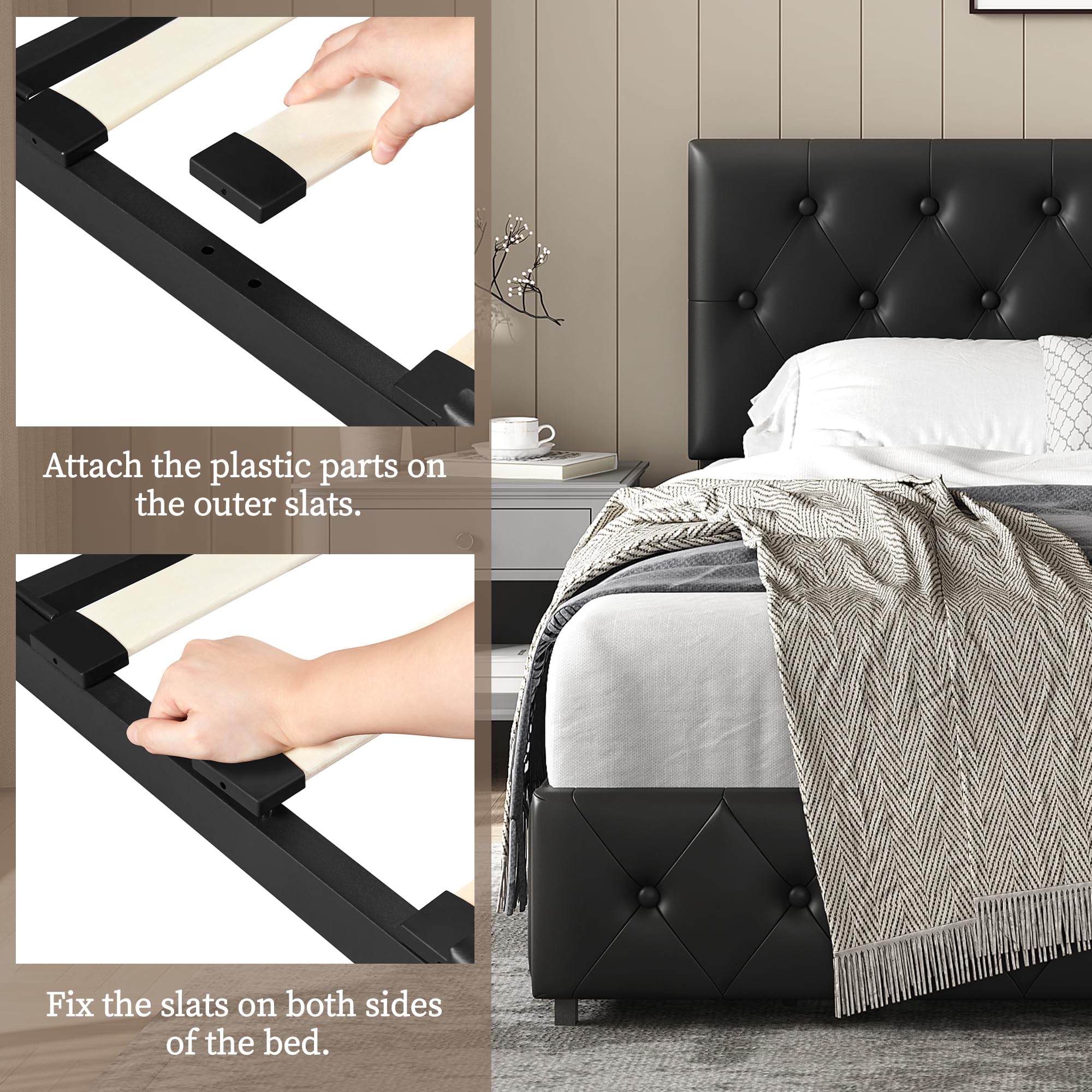 Yaheetech Queen Upholstered Bed Frame with Adjustable Diamond Button-Tufted Headboard & 3 Storage Drawers - Sturdy Wooden Slats Platform Bed - Black - Perfect for Small Bedrooms & Guest Rooms