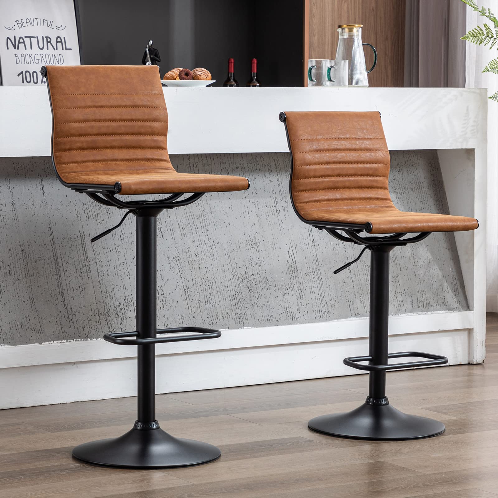 Modern Adjustable Height Metal Bar Stools Set of 2 - Brown PU Leather Armless Counter Stools with Black Base for Kitchen Island, Bar & Dining Room | Perfect for Breakfast Nook, Home Bar & Entertainment Areas