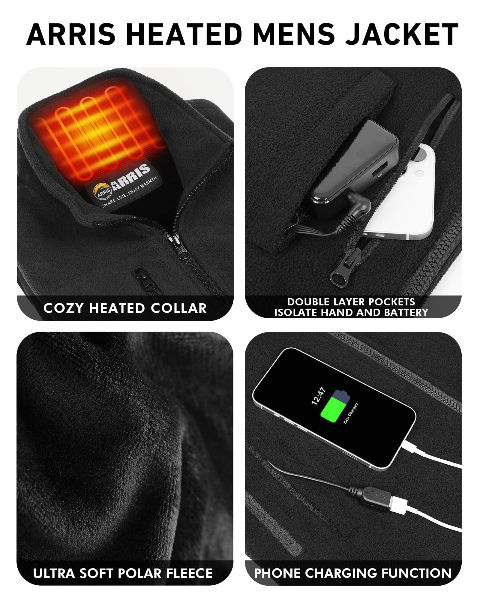 ARRIS Men's Heated Fleece Jacket with Rechargeable Battery - Electric Winter Coat with Full Zip & Hand Warmers for Outdoor Activities, Hunting, Skiing & Cold Weather