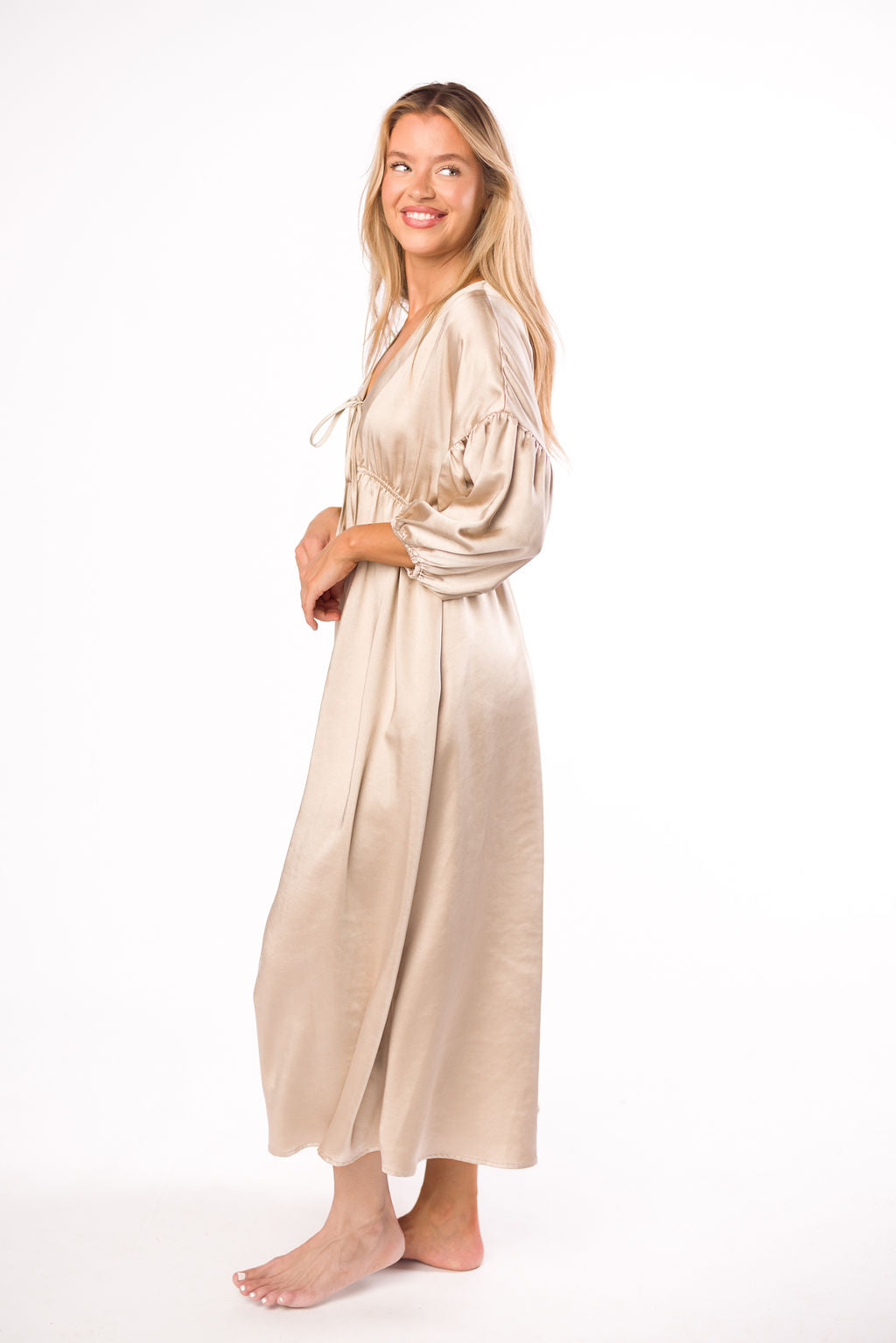 Hunter Premium Satin Midi Dress in Champagne - Bump Friendly Maternity Dress for Special Occasions & Pregnancy Photoshoots