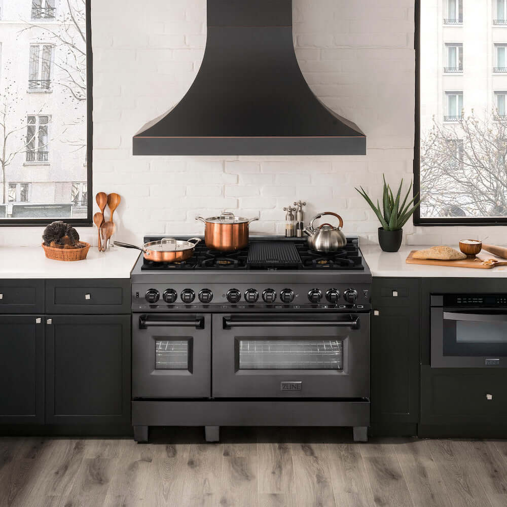 ZLINE 48 Inch 6.0 cu ft Dual Fuel Range - Black Stainless Steel Gas Cooktop with 6 Brass Burners & 2 Electric Ovens | Professional Kitchen Appliance for Home Chefs & Cooking Enthusiasts