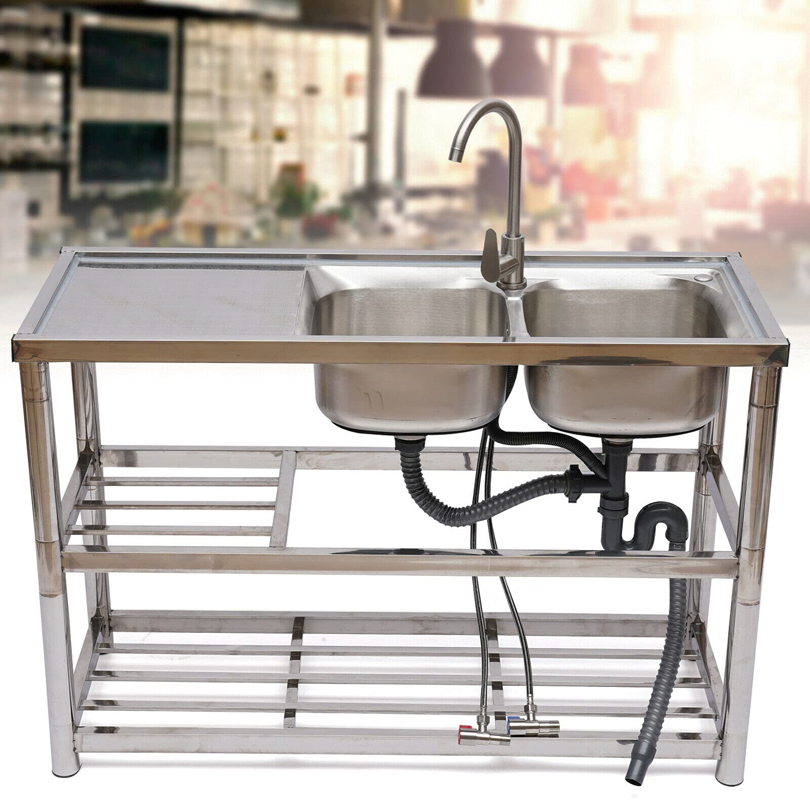 Commercial 304 Stainless Steel Kitchen Sink with 2 Bowls - Free Standing Utility Sink for Restaurants, Food Prep & Heavy Duty Kitchen Use