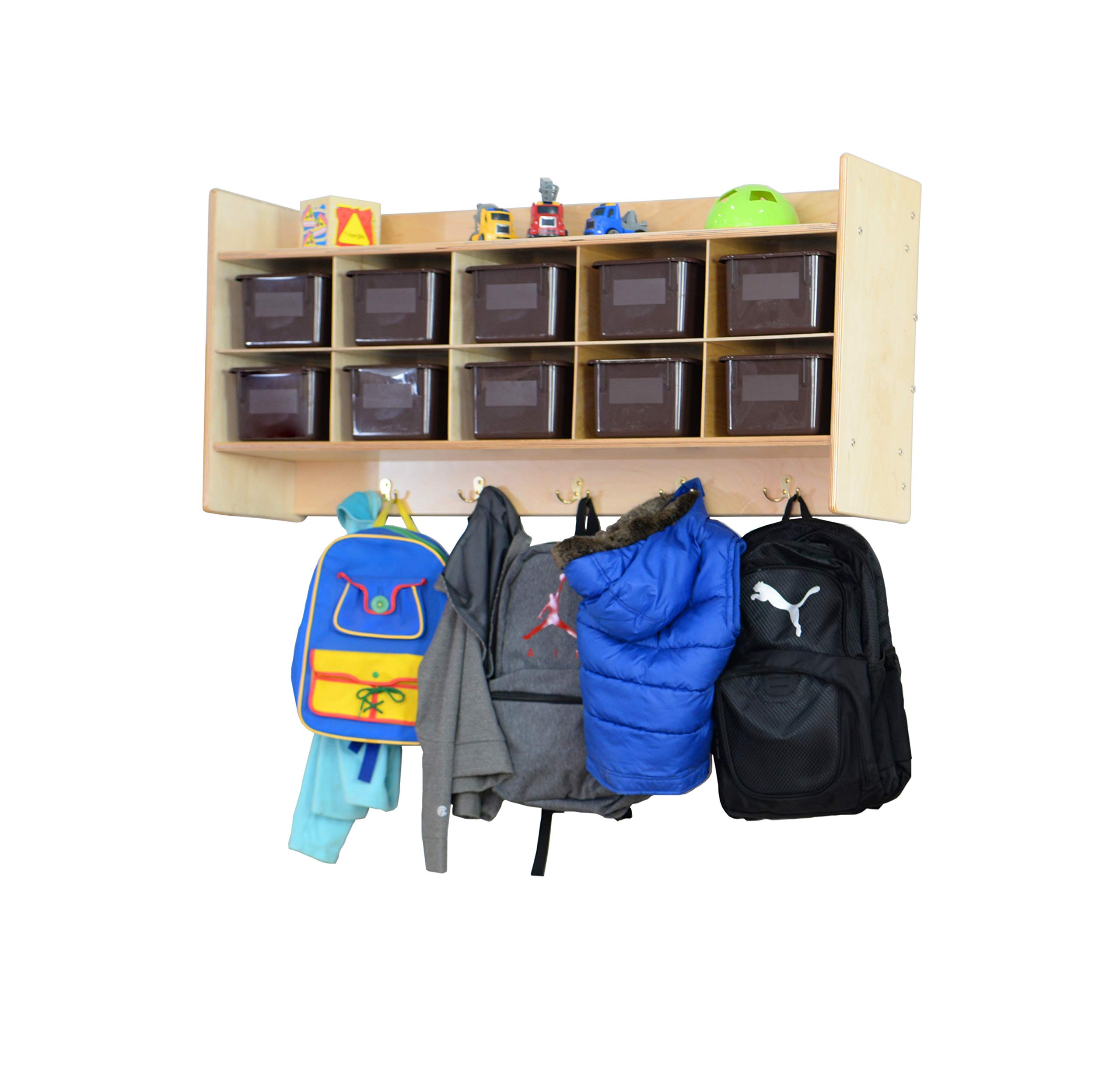 Contender 10-Section Wall Cubby Shelf with Brown Plastic Storage Bins - Organize House & Playroom - 100% Birch Plywood with UV Finish - Perfect for Kids' Toy Storage & Home Organization
