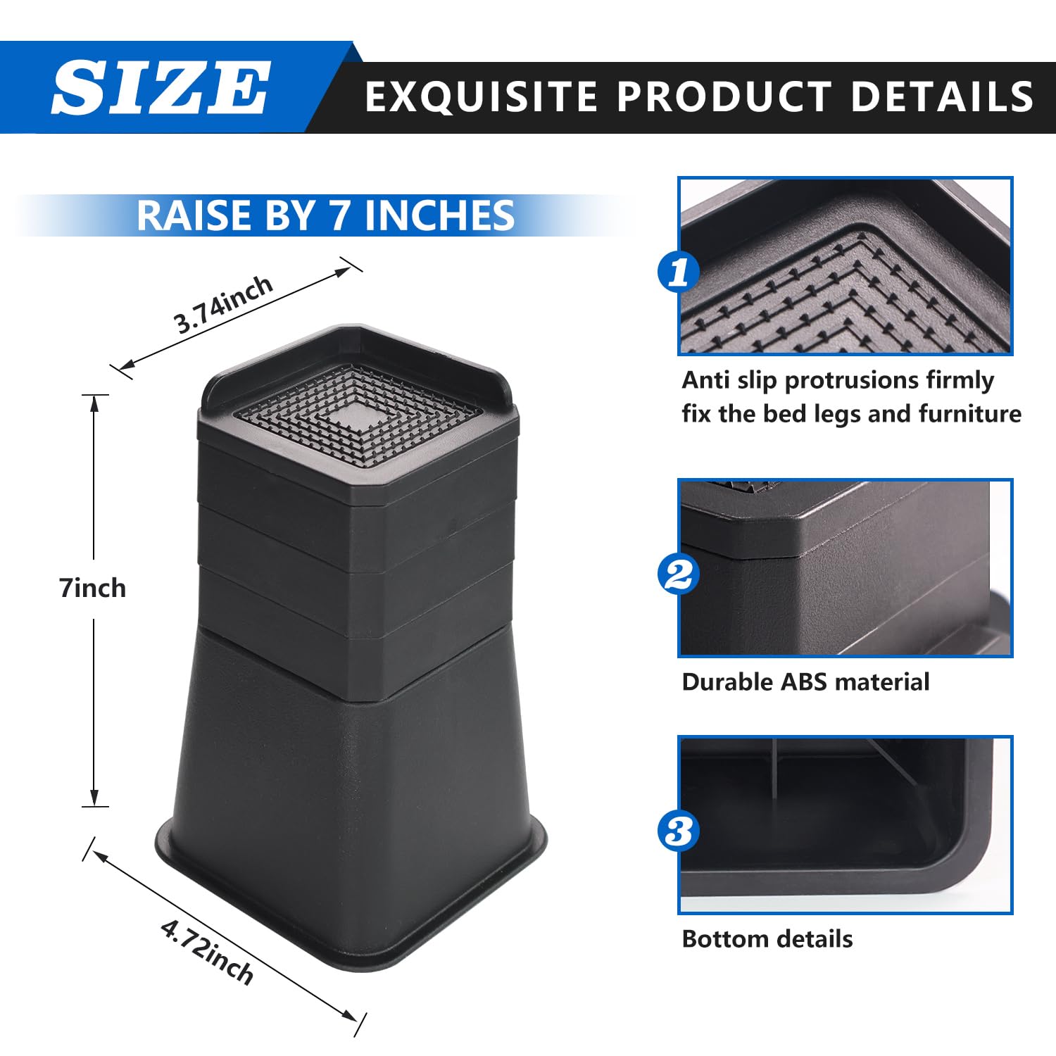 Heavy Duty Adjustable Bed Risers 3-7 Inch - L Shape Furniture Risers for Beds, Tables, Couches, Sofas, Desks & Cabinets (Black) - Perfect for Home, Office & Dorm Room Organization & Space Saving
