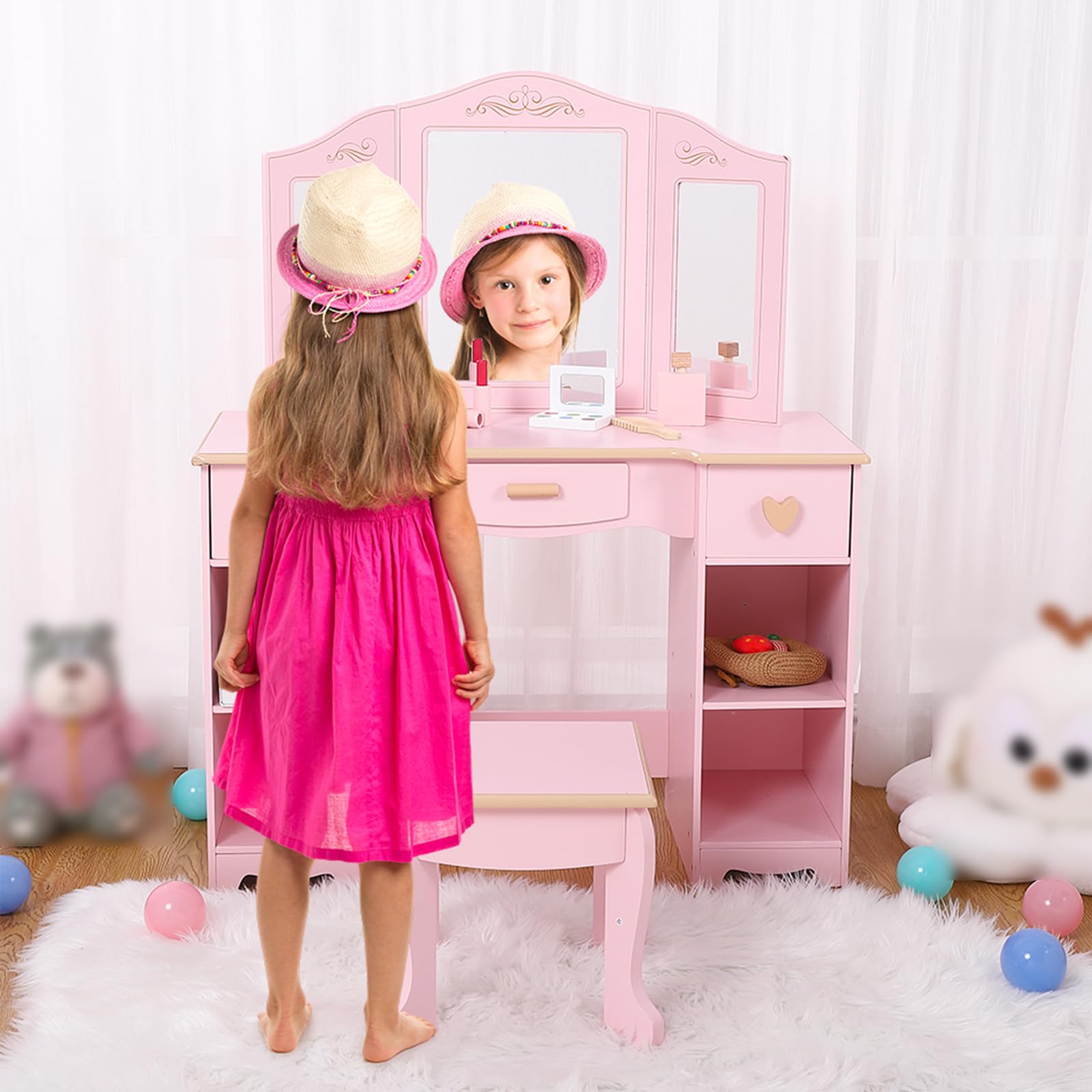 Princess Vanity Set for Girls Ages 4-9 - Kids Makeup Dressing Table with Mirror, Chair, Drawers & Stool - Pretend Play Toy for Birthday Gifts & Bedroom Decor (Pink/White) - Perfect for Pretend Play, Birthday Parties & Room Decoration