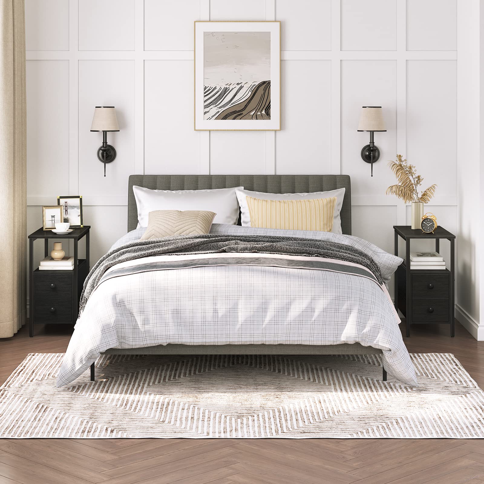 HOOBRO 2-Piece End Table Set with 2 Drawers & Open Shelves - Narrow Nightstand for Small Spaces, Wood Look Accent Table in Black (BK54BZP201G2) - Perfect for Living Room, Bedroom, or as Recliner Side Table