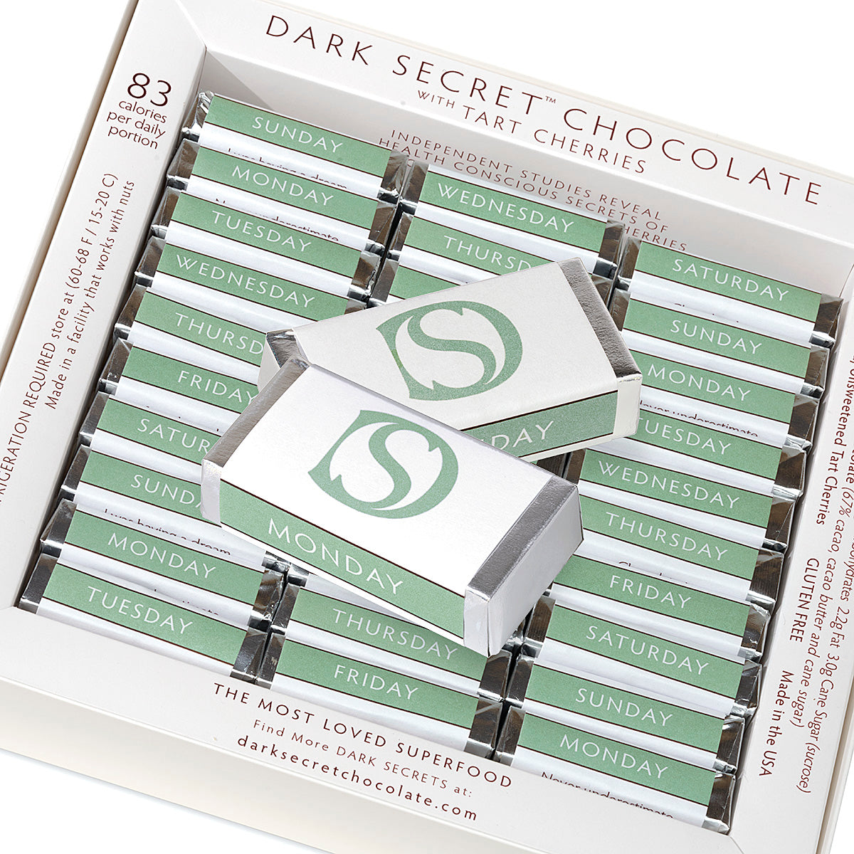 Dark Secret® Premium Dark Chocolate with Tart Cherries - 30-Day Supply Box | Gourmet Snacks for Gifting, Office Treats & Healthy Dessert Indulgence