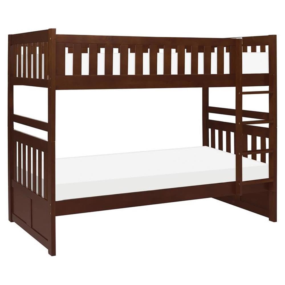 Pemberly Row Transitional Wood Twin Over Twin Bunk Bed in Dark Cherry - Space-Saving Kids Bedroom Furniture for Siblings or Sleepovers