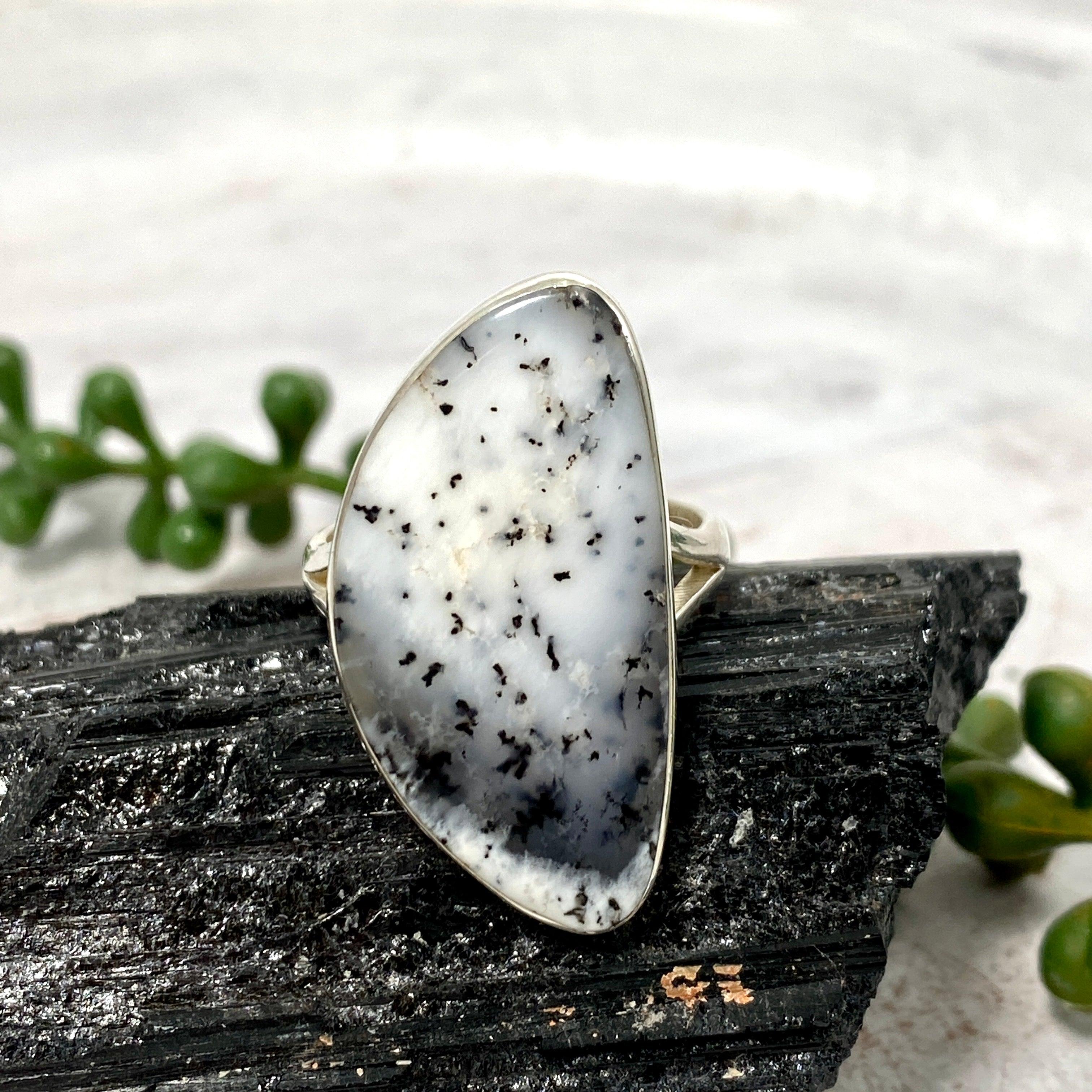 Dendritic Opal Freeform Ring Size 11 - Unique Handmade Silver Jewelry for Women, Perfect for Boho Style & Special Occasions