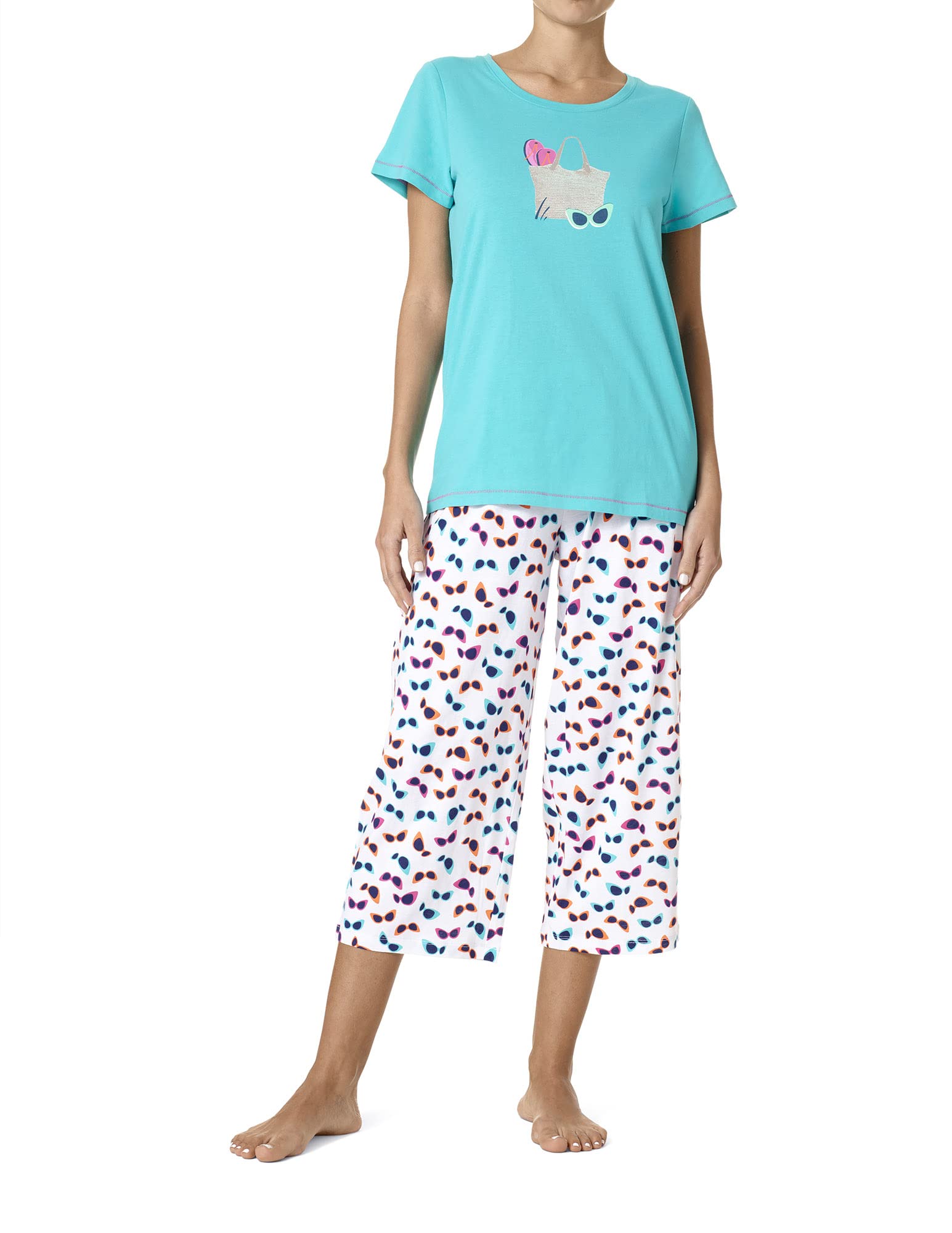 Printed Knit Short Sleeve Tee and Capri 2-Piece Pajama Set for Women | Soft Sleepwear Lounge Set | Perfect for Sleeping, Lounging & Travel