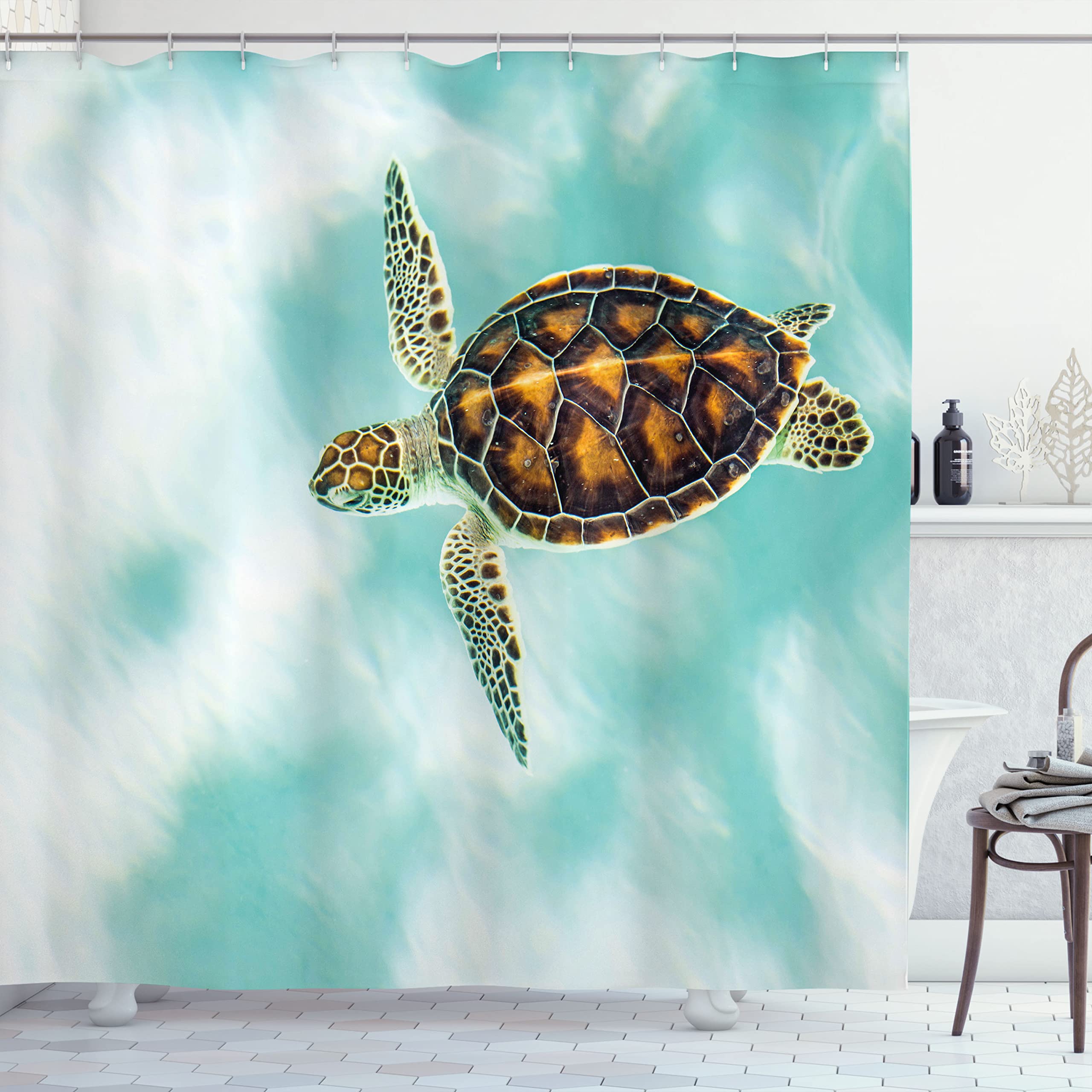 Ambesonne Turtle Shower Curtain - Abstract Turtle Swimming in Ocean Waters, Serene Nature Design, 69