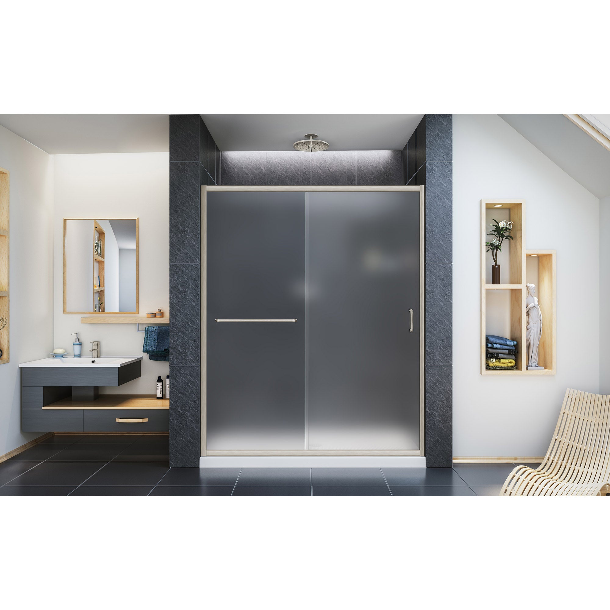 DreamLine Infinity Z 32x60x74.75 Inch Frosted Glass Sliding Shower Door - Brushed Nickel Frame with White Base & Center Drain - Perfect for Modern Bathrooms & Spa-Like Showers
