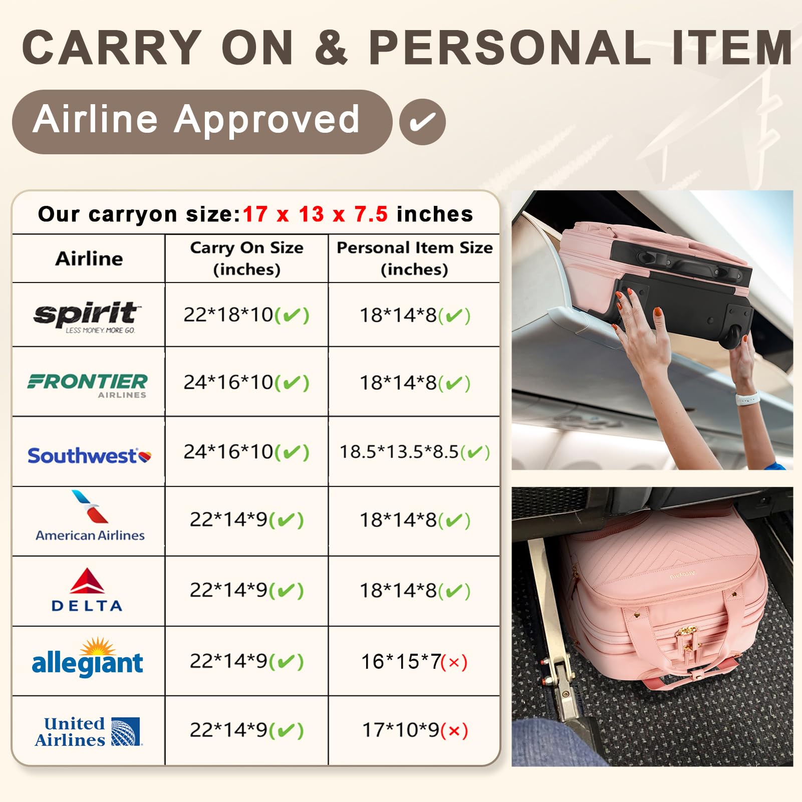 Lightweight Underseat Carry-On Luggage with Wheels - Airline Approved Personal Item Bag with Multiple Compartments, Rolling Suitcase for Women (Pink) - Perfect for Business Trips, Weekend Getaways & Air Travel