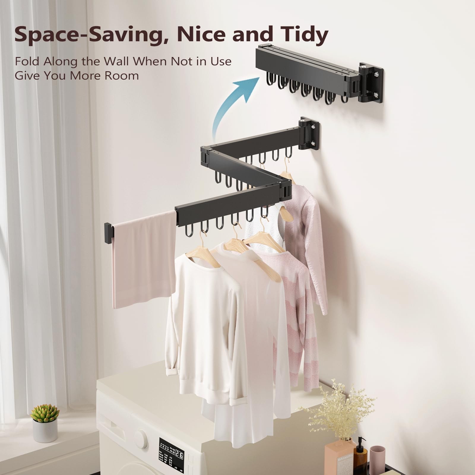 JAUREE Wall Mounted Clothes Drying Rack - Foldable Collapsible Laundry Rack with 18 Hooks, Space Saving Tri-Fold Retractable Design for Indoor & Outdoor Use - Perfect for Apartments, Balconies, and Small Spaces (Black)