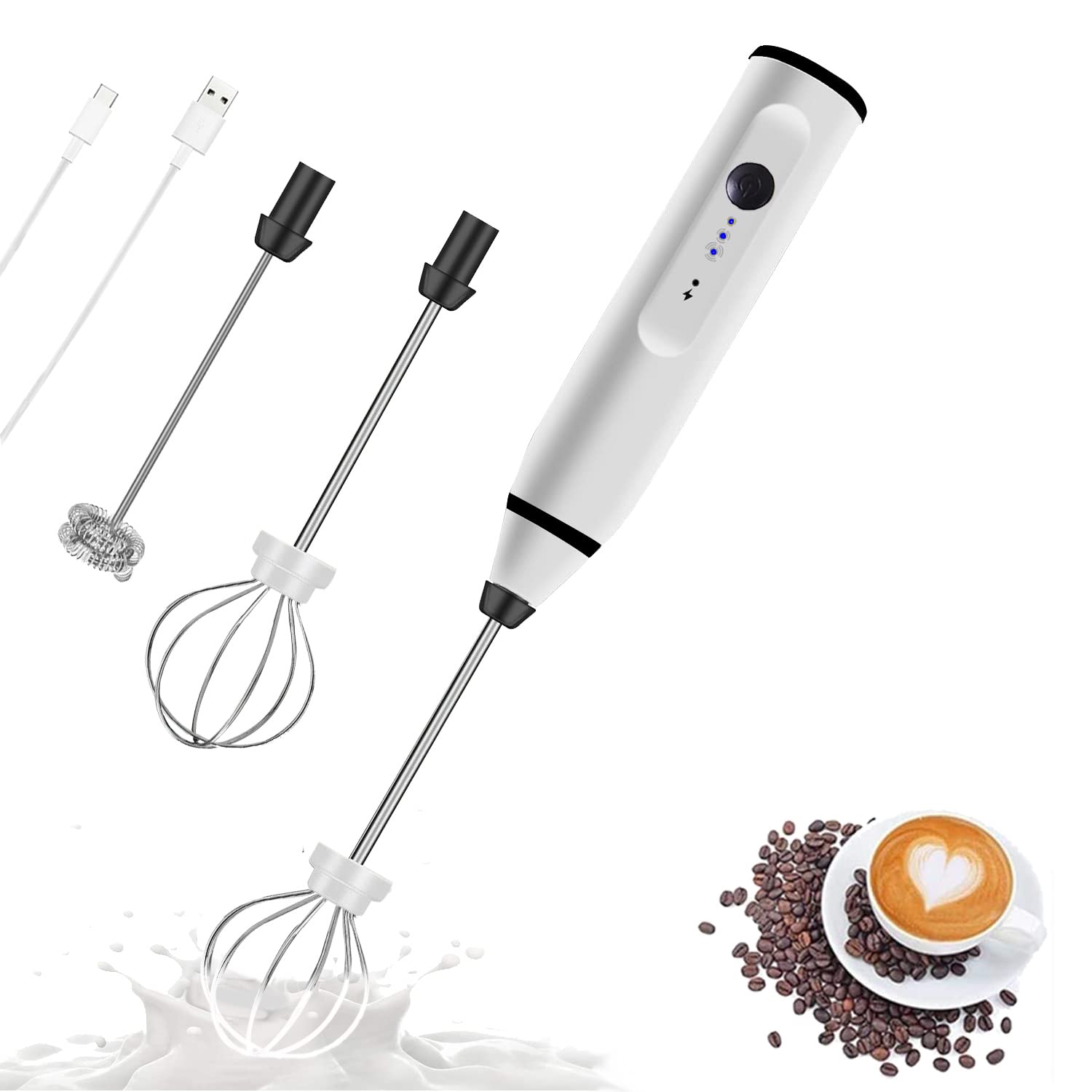 Rechargeable Electric Milk Frother with 2 Stainless Steel Whisk Attachments - 3-Speed Adjustable Handheld Blender for Coffee, Latte, Cappuccino, Hot Chocolate & Matcha - Perfect for Home Baristas, Office Use & Kitchen Essentials