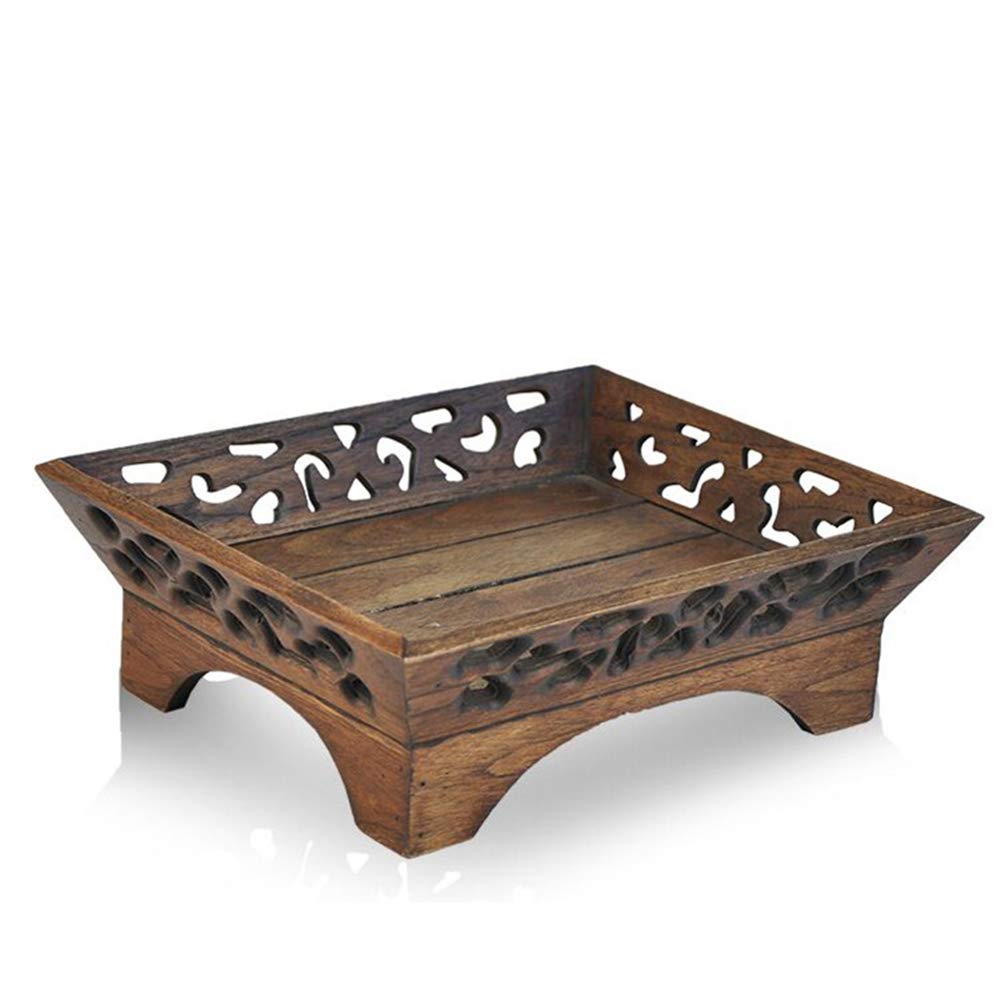 Hand-Carved Teak Wood Fruit Basket - Hollow Carved Dried Fruit Serving Plate - Thai Artisan Crafted Snack Tray for Kitchen, Dining Table & Party Decor