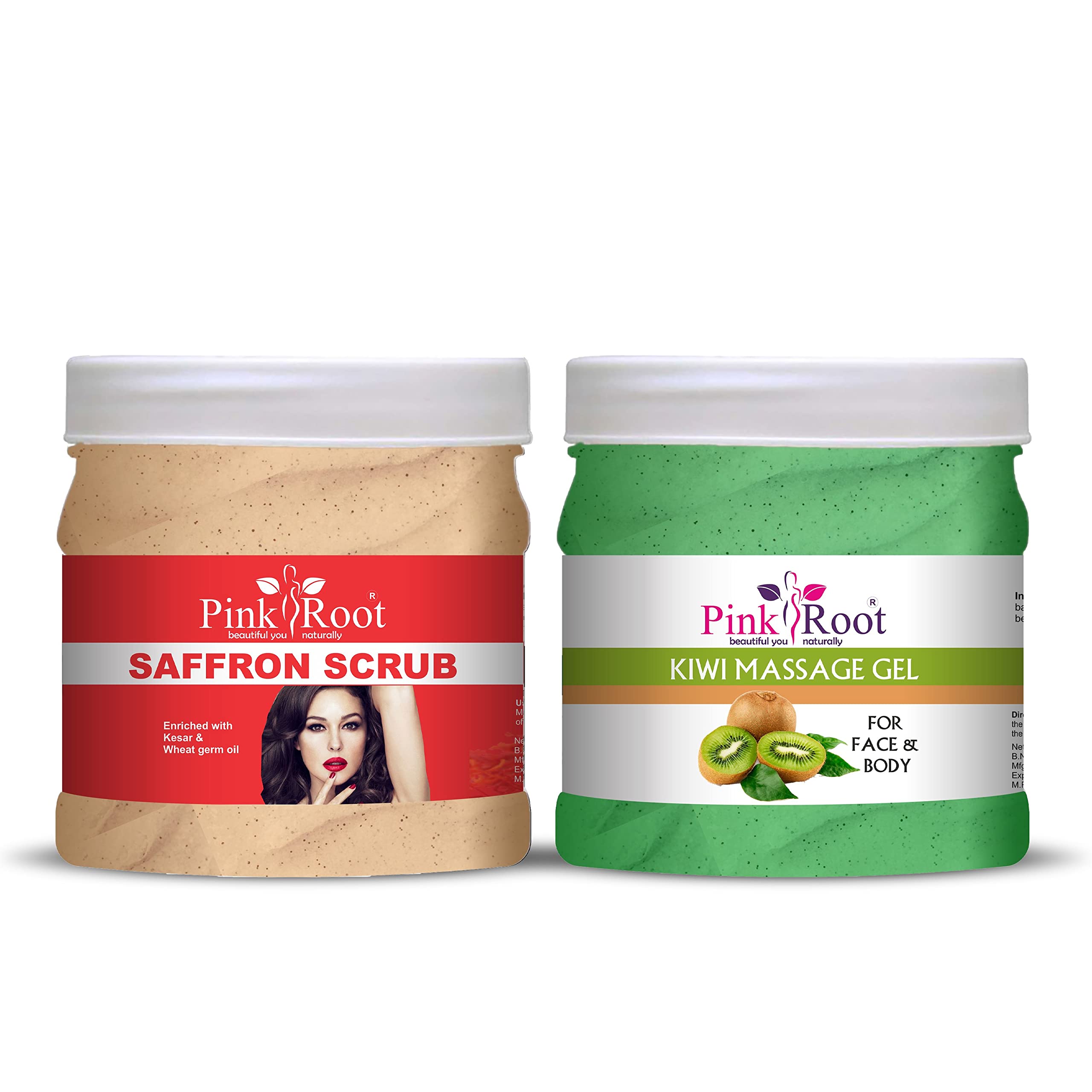 Pink Root Kiwi Massage Gel & Saffron Scrub Set - 500ml Each - Natural Skin Care for Relaxation & Exfoliation - Perfect for Spa, Home Massage & Body Treatment