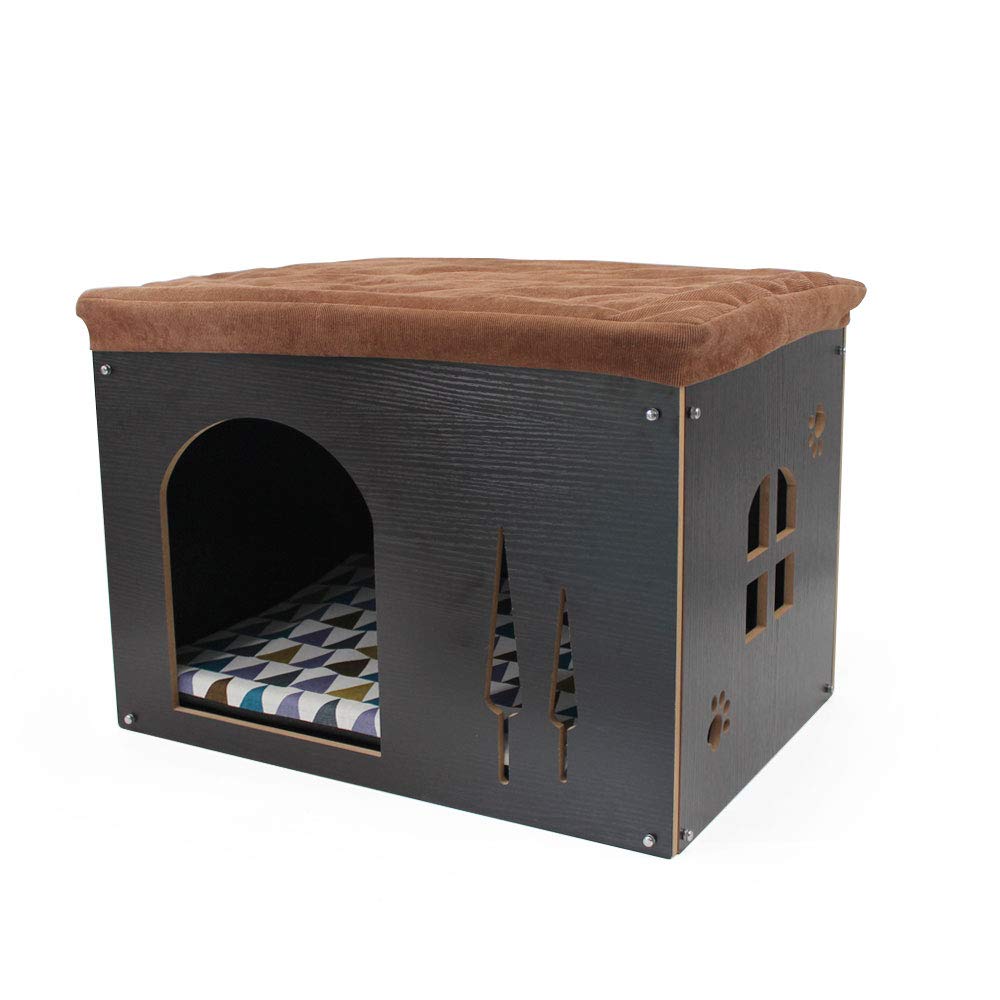 SONGWAY Wooden Cat House for Indoor Cats - Cozy Pet Cave with Cushioned Mat, Multi-Functional Cat Condo & Ottoman Stool - Perfect Cat Bed & Storage Cube for Small Dogs - Black (Ideal for Living Room, Bedroom & Home Office)