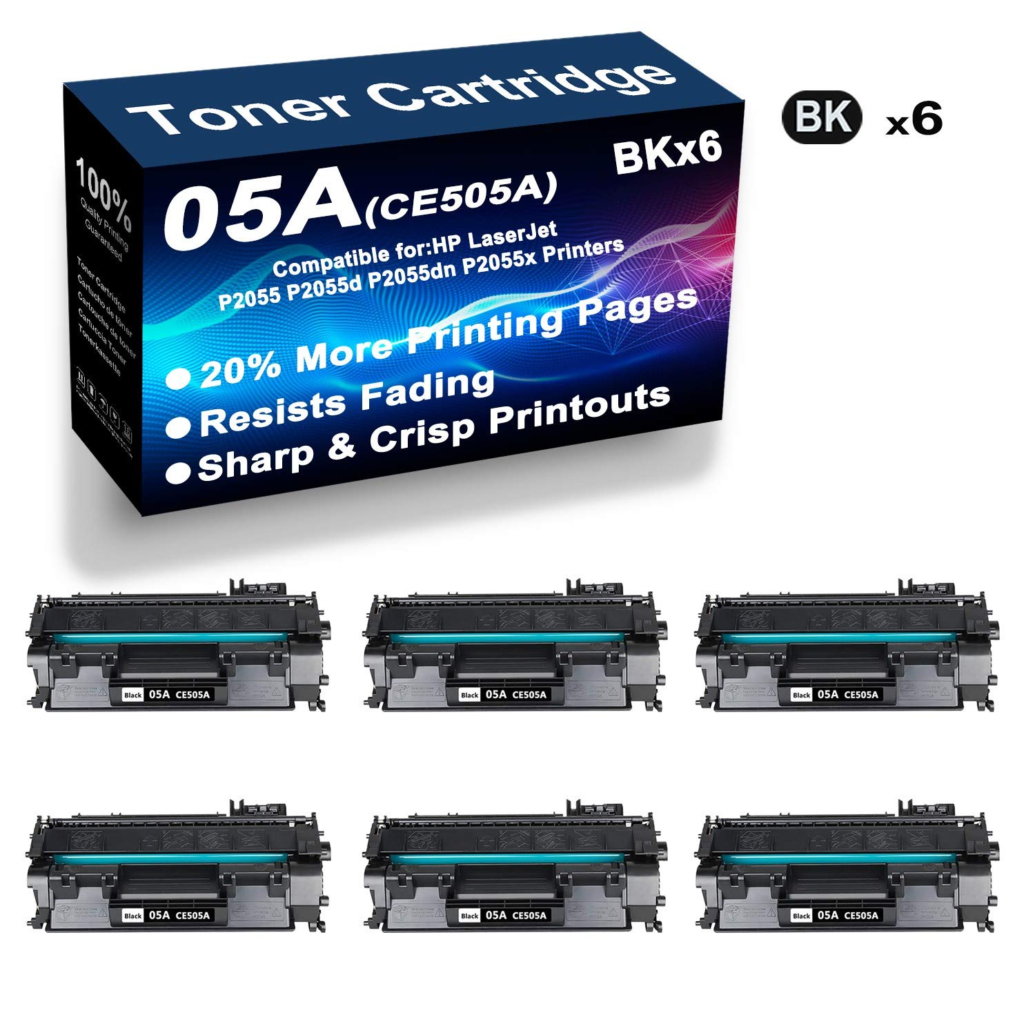 6-Pack Black High Yield CE505A Toner Cartridge Compatible with HP LaserJet P2055 P2055d P2055dn P2055x Printers - Perfect for Office & Home Printing, High Volume Documents, Reports & Business Use