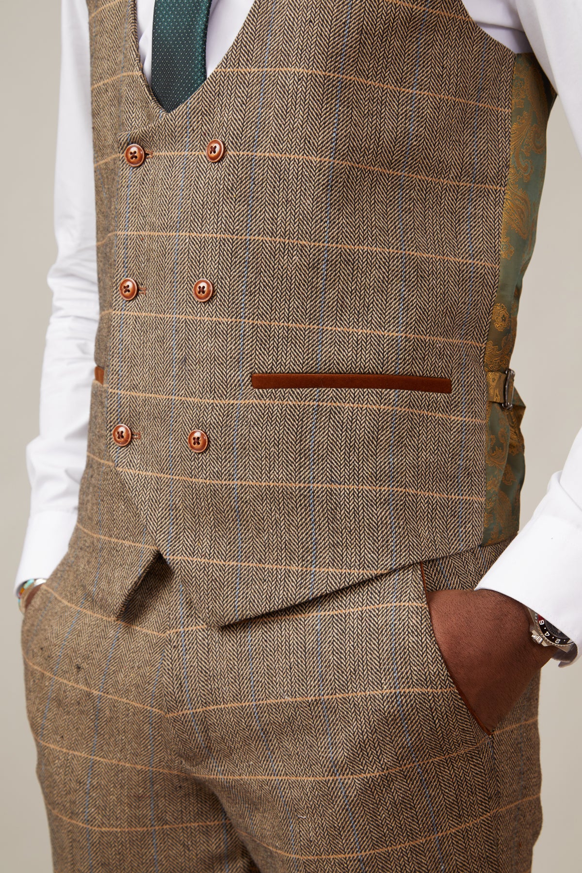 DX7 Tan Tweed Check Three Piece Suit With Double Breasted Waistcoat | Formal Menswear for Weddings, Business & Special Occasions