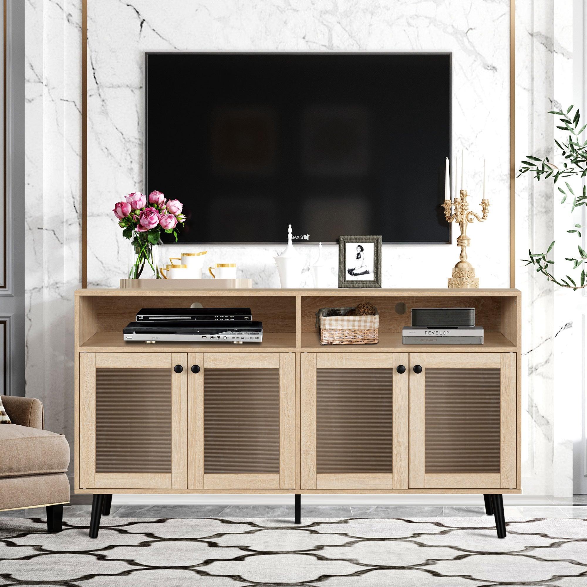 Mid Century Modern TV Stand 56 Inch - Evans Open Shelf Entertainment Center with Storage Cabinets for Living Room & Bedroom - Perfect for Home Theater Setup & Media Organization