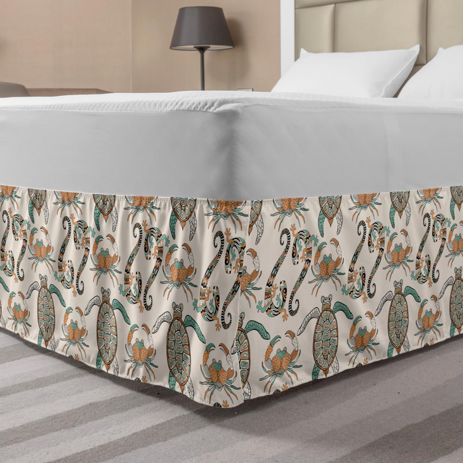 Ambesonne Animal Print Bed Skirt - Lizards Turtles Crabs Oriental Design Elastic Dust Ruffle Wrap Around King Size Eggshell Multicolor | Perfect for Beach House Decor, Tropical Bedroom Theme & Reptile Lover's Home