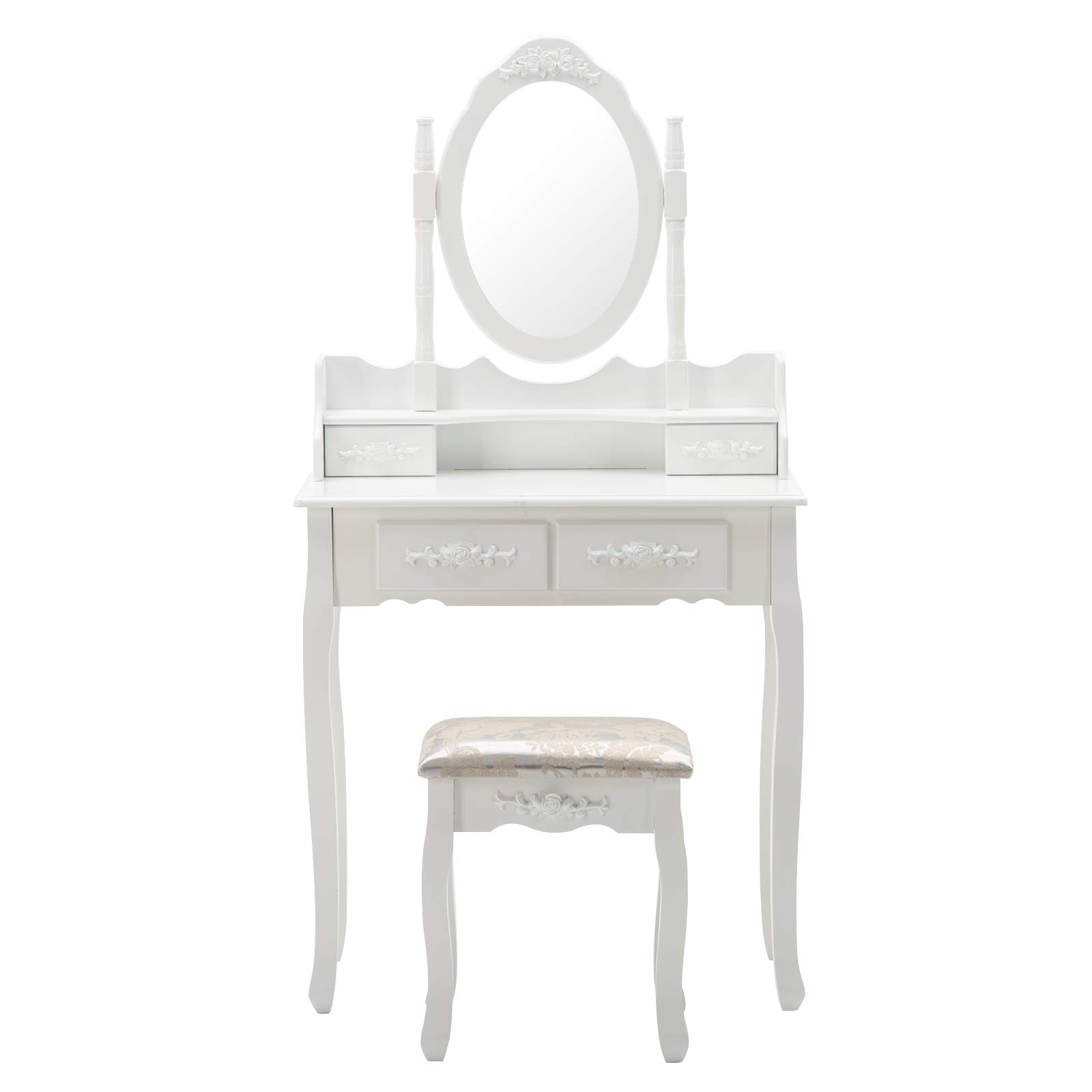 HONBAY White Makeup Vanity Table Set with Oval Mirror, 4 Drawers & Cushioned Stool - Perfect Dressing Table for Bedroom, Bathroom, or Beauty Salon
