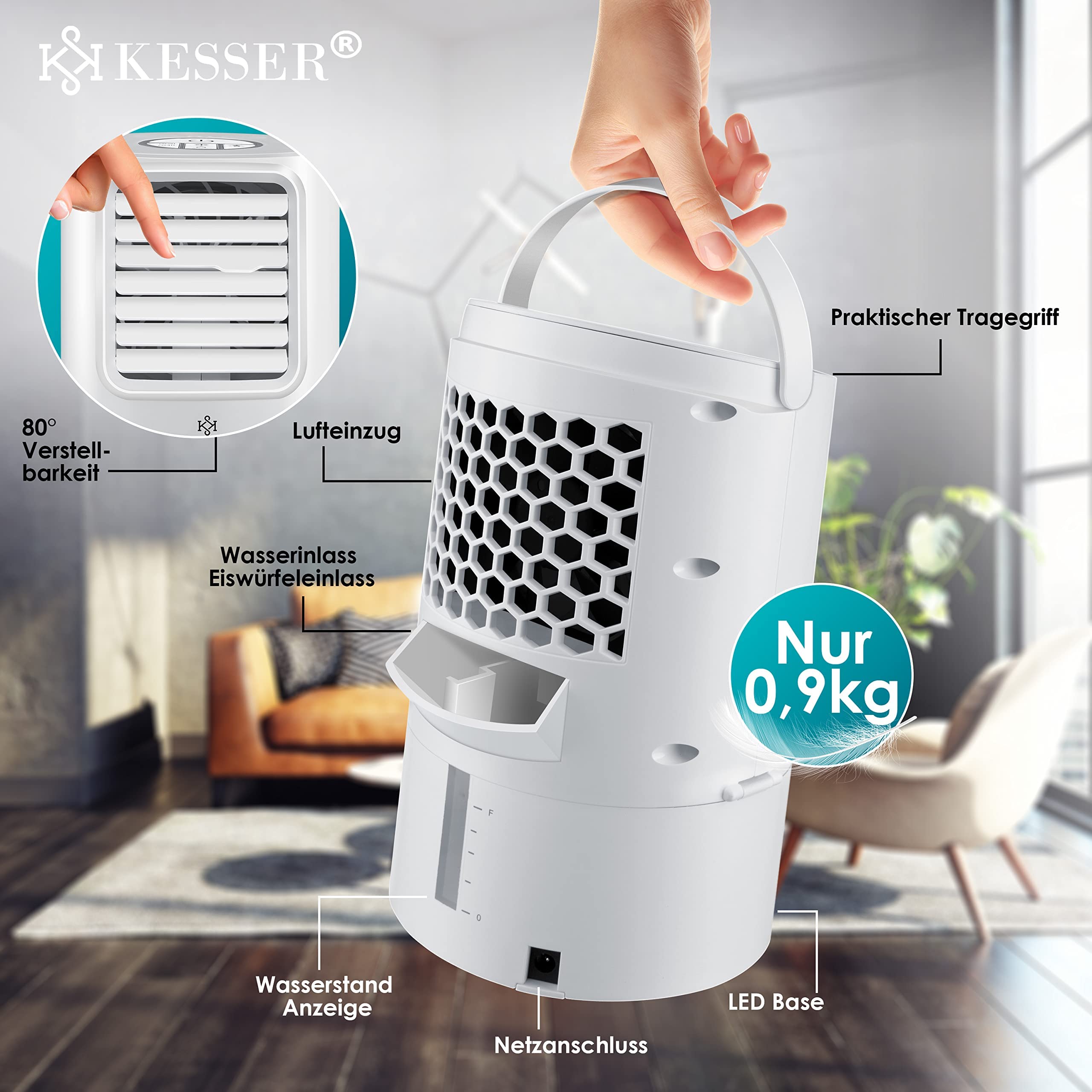 KESSER® Portable 4-in-1 Mini Air Conditioner with LED Lights, Fan, Water Tank & Timer - 3 Speed Levels, Ionizer Humidifier, Compact Personal Cooler (White) - Perfect for Bedroom, Office & Small Spaces