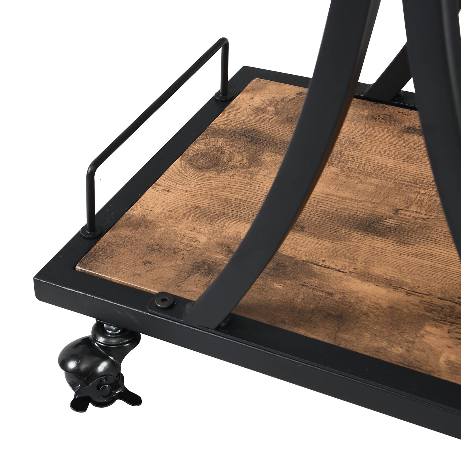 Industrial Bar Cart with Wine Rack & Wheels - Rustic Brown Black Wooden Metal Frame Mobile Serving Cart for Home, Holds 11 Bottles & 16 Glasses (44.09