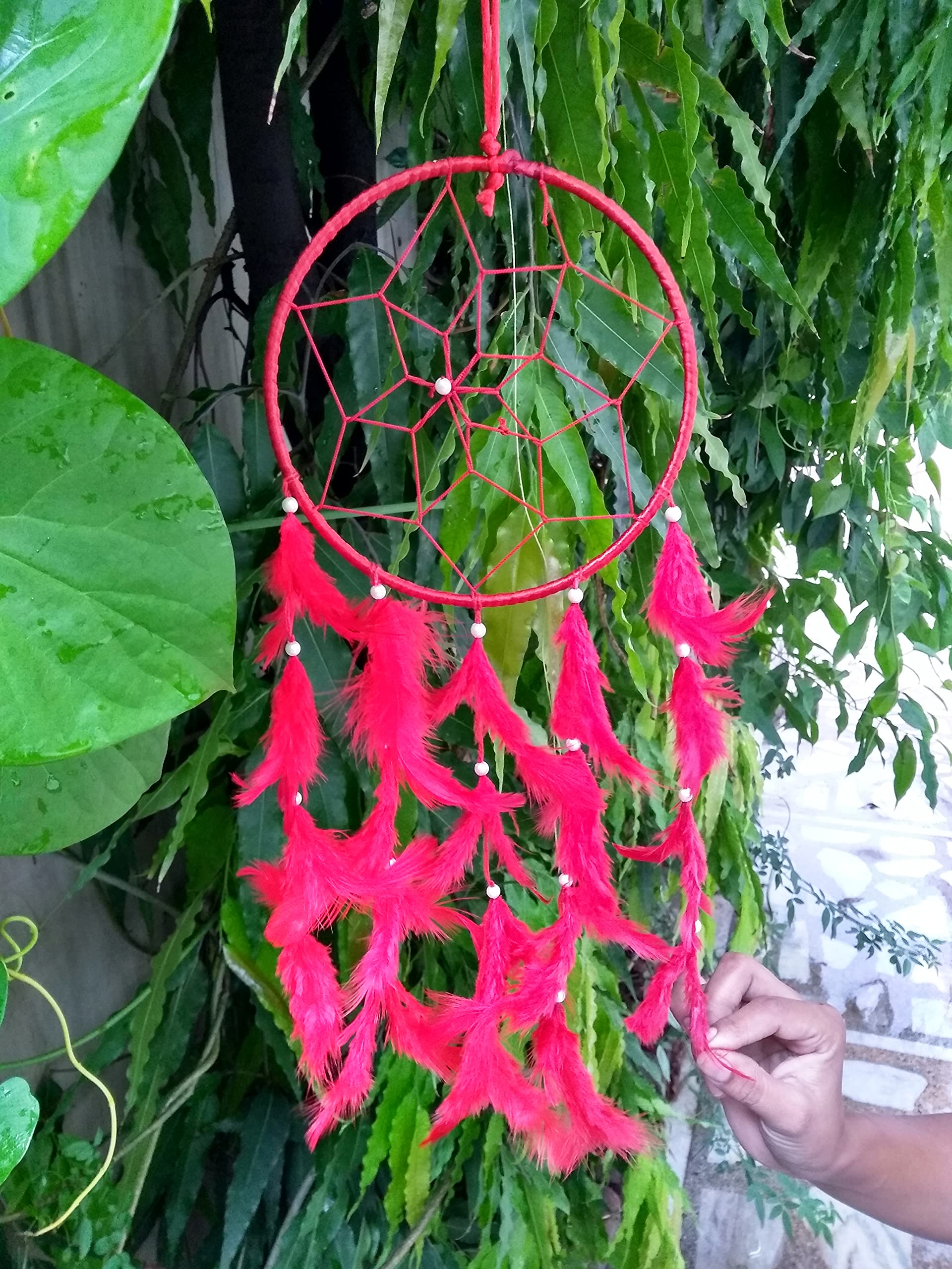 Handmade Dream Catchers Wall Decor - Feather Hanging Ornament for Bedroom, Nursery, Home & Car (Large Red Ring) | Boho Chic Room Decor & Spiritual Gift Idea
