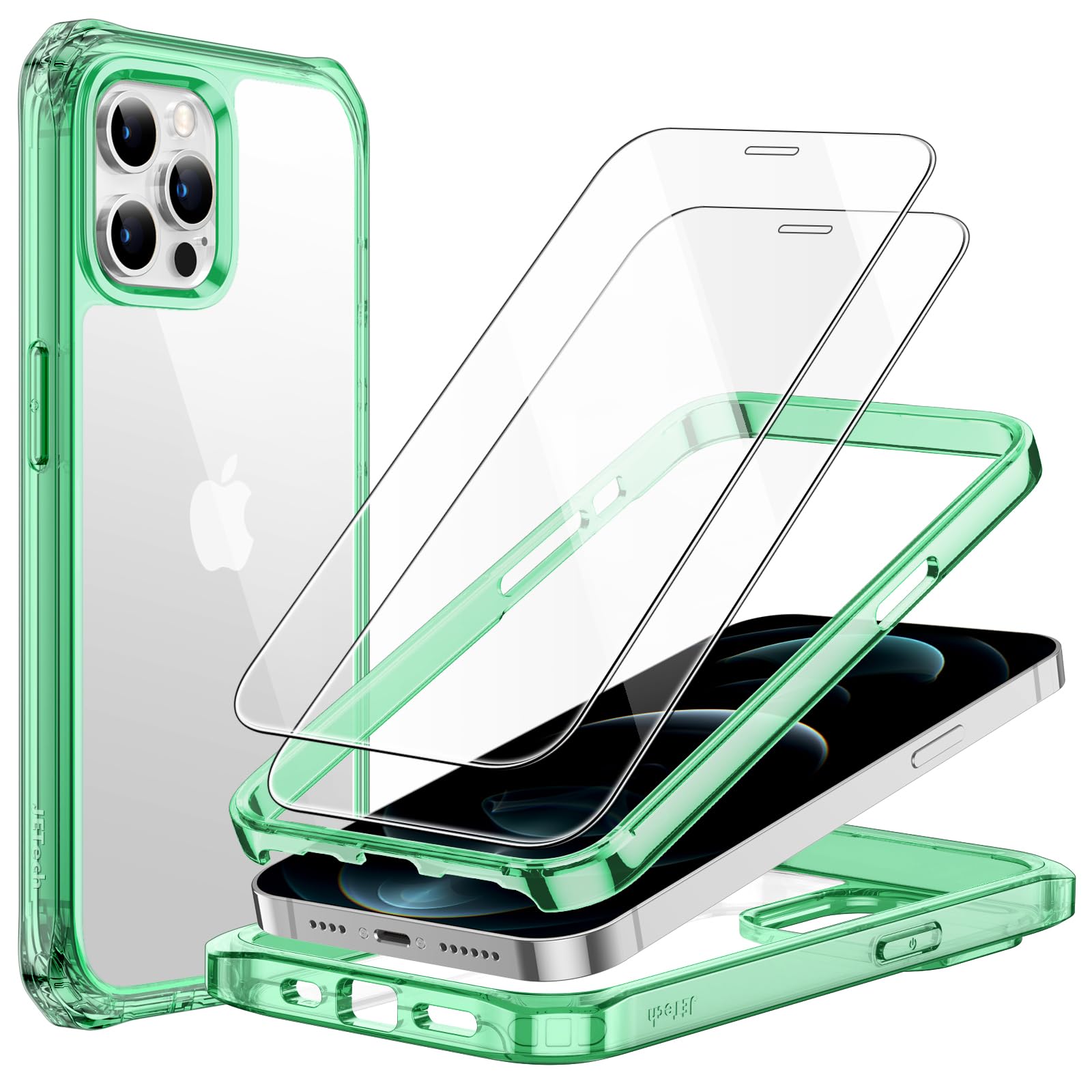 JETech iPhone 12 Pro Max Case 6.7-Inch with 2-Pack Tempered Glass Screen Protector | 360° Full Body Shockproof Bumper Cover | Clear Protective Back (Green) | Perfect for Outdoor Activities & Daily Protection