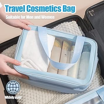 Keetly Cosmetic Makeup Storage Organizer - Travel Toiletry Case Bag with Hook, Dual Zipper Grooming Kit for Women | Elegant Blue Makeup Pouch | Perfect for Travel, Home & Salon Organization
