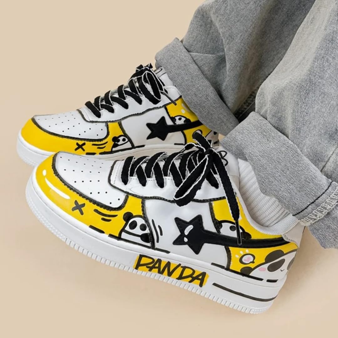 Bobo's House Unisex Hand-Painted Panda Sneakers - Yellow & White Chunky Vegan Leather Fashion Shoes for Women & Men | Comfortable Walking Shoes, Kawaii Accessories | Perfect for Casual Wear, Street Fashion & Anime Conventions