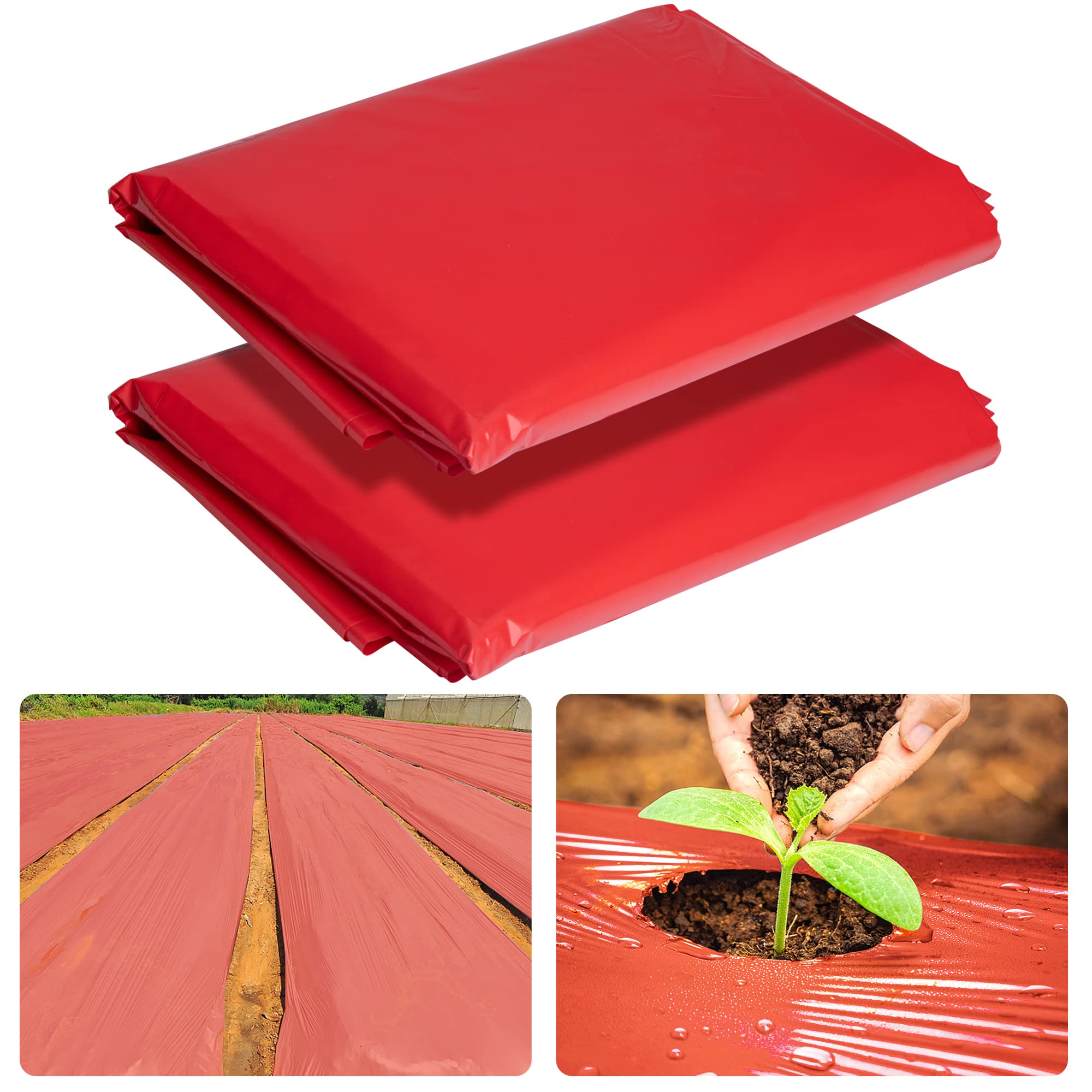 2-Pack 3 Mil Embossed Red Plastic Mulch Film for Gardening - 4ft x 25ft Agricultural Ground Cover for Crops - Ideal for Potatoes, Tomatoes, Eggplants & Strawberries | Weed Control & Soil Temperature Regulation