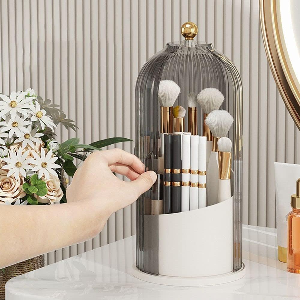 HOOPVOOL® 360° Rotating Makeup Brush Holder with Lid - Multifunctional Organizer for Nail Polish, Perfume, Lipstick, Pens, Pencils & Paint Brushes - Perfect for Vanity, Dressing Table & Beauty Station Storage (Grey)