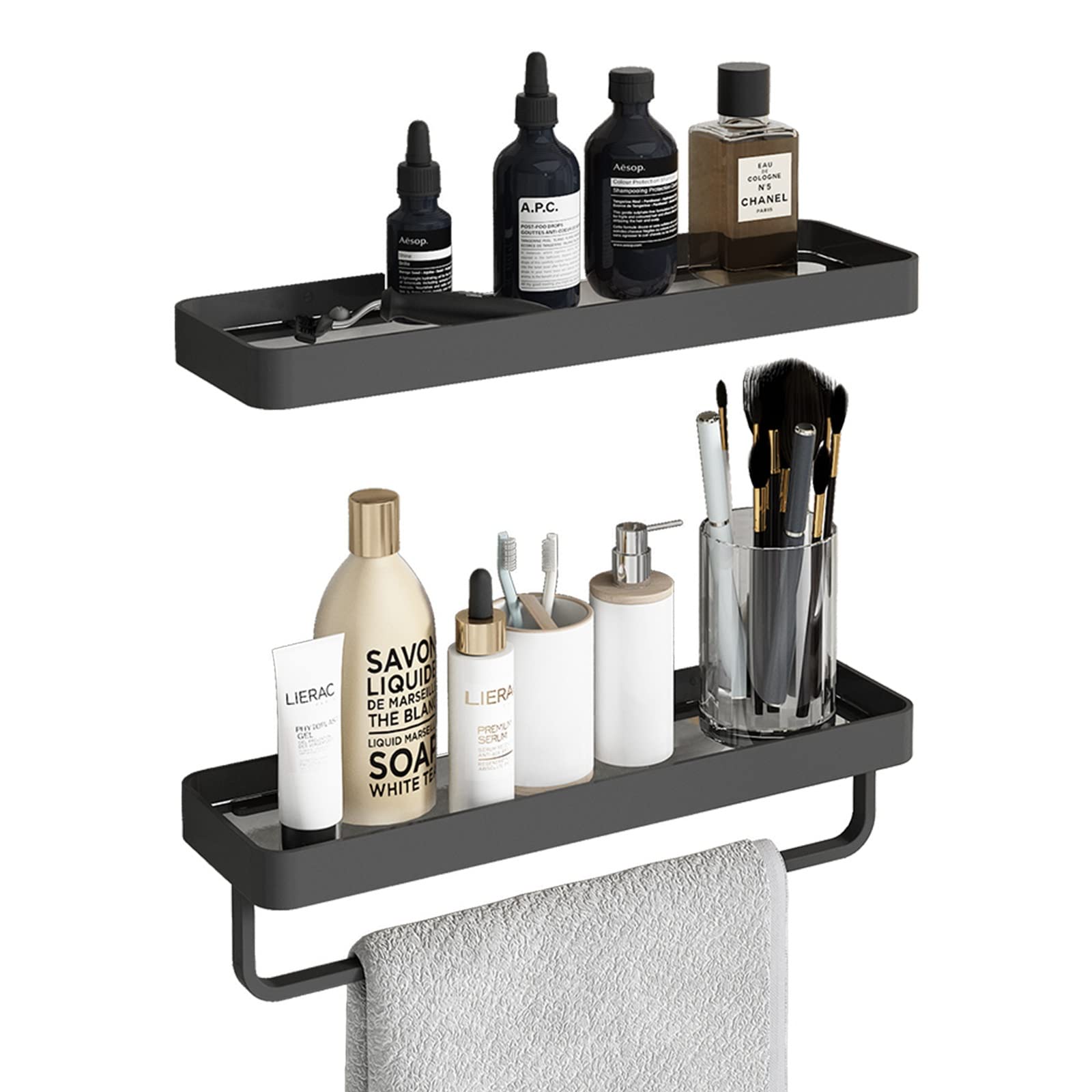 Danpoo Black Floating Shelf for Bathroom - 2 Tier Wall Mounted Tempered Glass Shelf with Towel Holder | Space-Saving Storage for Towels, Toiletries & Decor