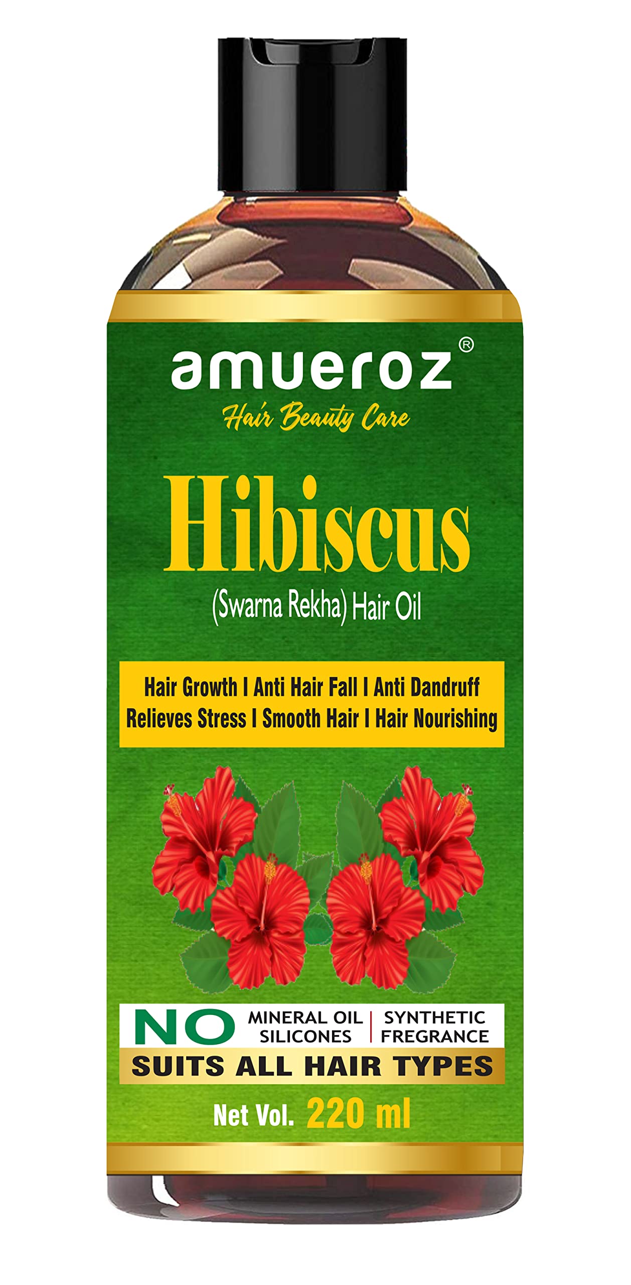 Amueroz® Hibiscus Hair Growth Oil for Men & Women - 220ml | Anti Hair Fall & Dandruff Treatment with 15 Natural Oils | Promotes Thicker, Healthier Hair | Perfect for Daily Scalp Massage & Hair Care Routine