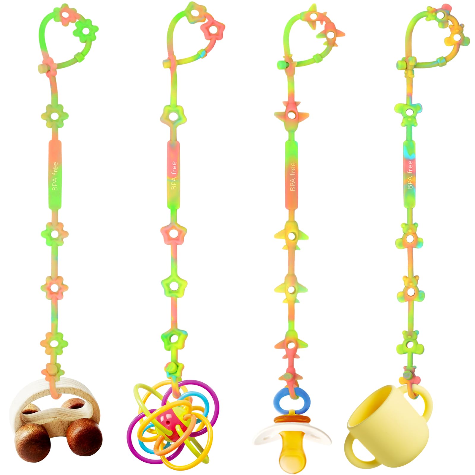 Baby Safety Straps - 4 Pack Silicone Pacifier Clips & Toy Tethers for Stroller, Car Seat, High Chair | BPA-Free Teething Straps with Busy Links | Travel Essentials for Infants & Toddlers (Use for Pacifiers, Bottles, Toys in Car, Stroller, Crib or High Chair)
