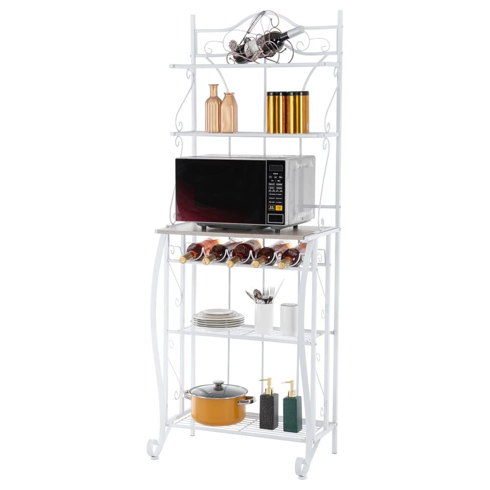 DAMML 5-Tier Freestanding Wine Rack Floor Stand - White Lace & Light Walnut MDF Board with Iron Frame - Kitchen Storage Shelf for Wine Bottles, Glassware & Decor - Perfect for Dining Room, Bar or Home Cellar Organization
