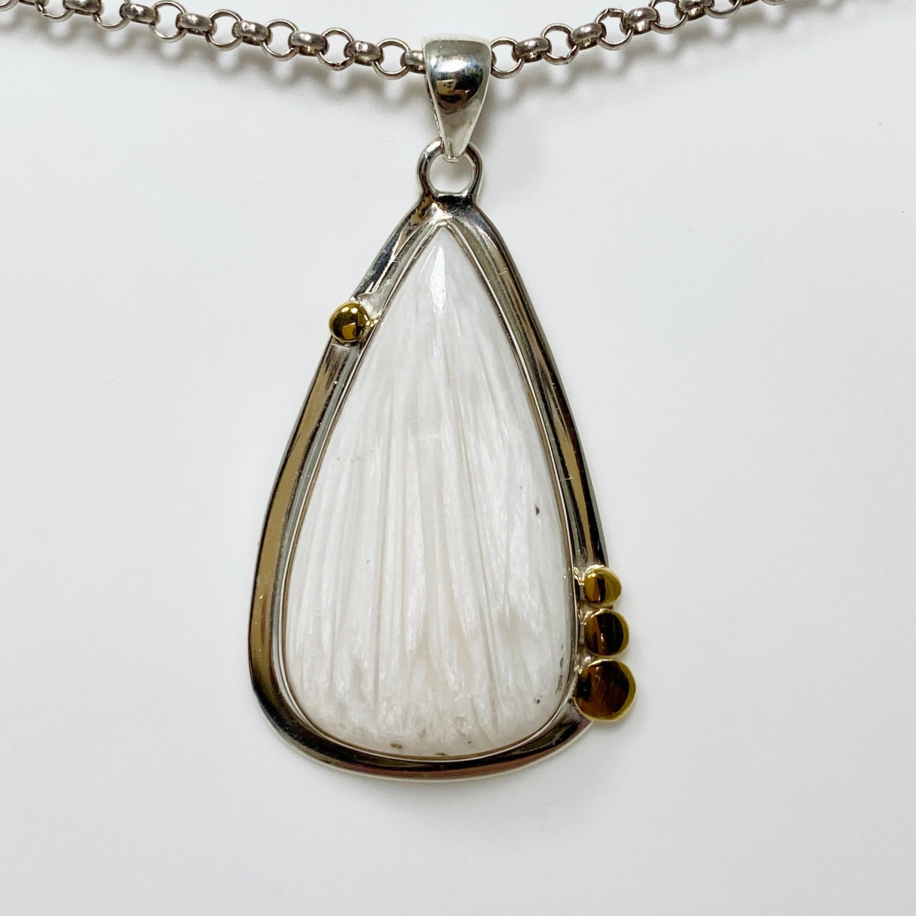Natural Scolecite Teardrop Pendant Necklace in Sterling Silver Setting - Healing Crystal Jewelry for Meditation, Energy Balancing & Spiritual Gifts (KPGJ4509)