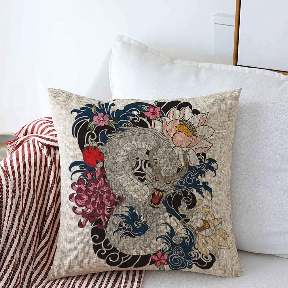Fantasy Red Black Dragon Tattoo Japanese Peony Abstract Throw Pillow Cover - 24x24 Inch Square Linen Cushion Case for Couch, Bed, Car - Perfect for Home Decor, Anime Lovers & Tattoo Enthusiasts