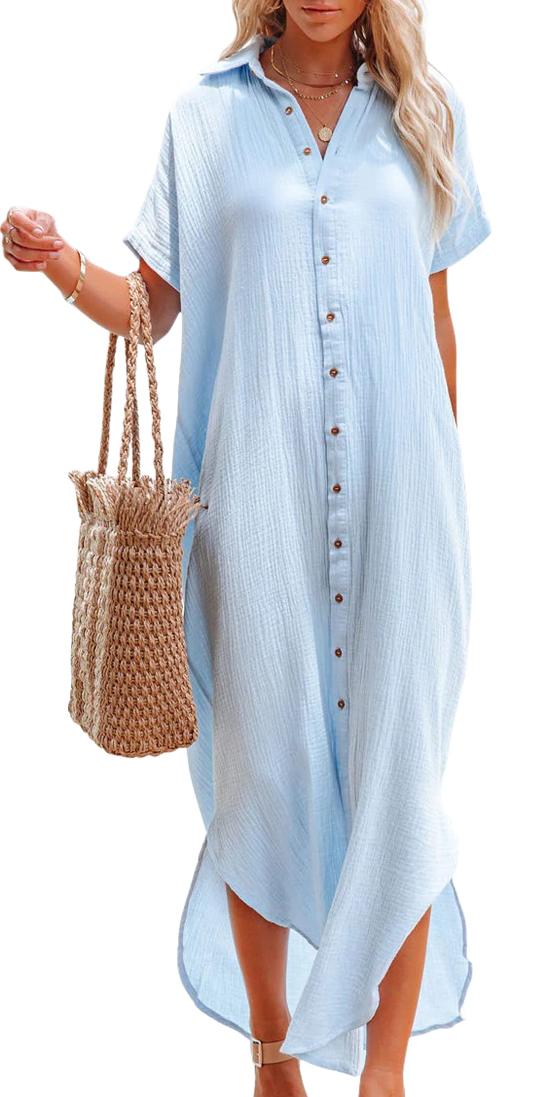 Women's Summer Short Sleeve Loose Flowy Maxi Beach Cover Up - Button Down Kimono Shirt Dress for Swimwear & Vacation | Lightweight Boho Chic Swim Cover Up for Pool, Beach & Resort Wear