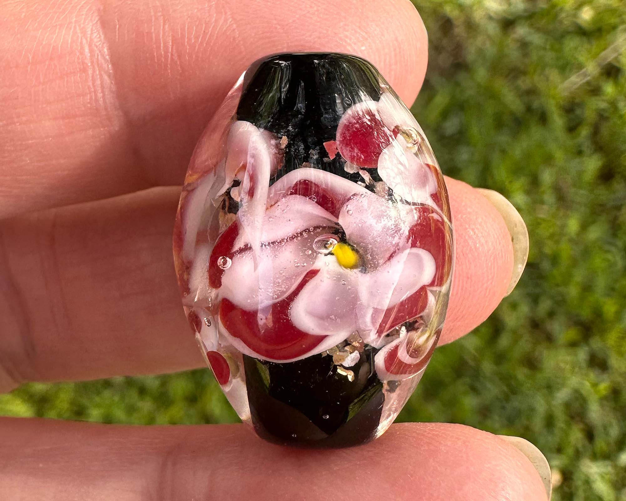Handmade Red Pink Floral Lampwork Glass Focal Bead - SRA Certified Artisan Jewelry Component for Necklaces, Bracelets & DIY Crafts