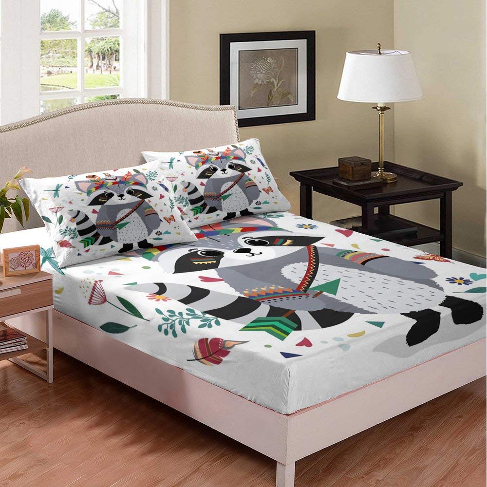 Cute Raccoon Hunter Cartoon Print Twin Bed Sheet Set - 2 PC Wild Animal Themed Duvet Cover with Fitted Sheet & Pillowcase for Kids & Teens - White Base with Dragonfly Butterfly Design - Perfect for Nursery, Kids Room & Teen Bedroom Decor