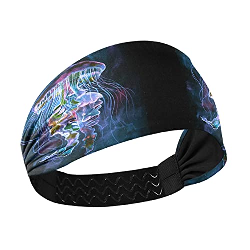 Watercolor Jellyfish Print Stretchy Headband for Women - Breathable Yoga Head Wrap, Afro American Hair Band for Workouts, Sports & Exercise - Sweat Wicking Hair Accessories for Running, Gym & Active Lifestyles