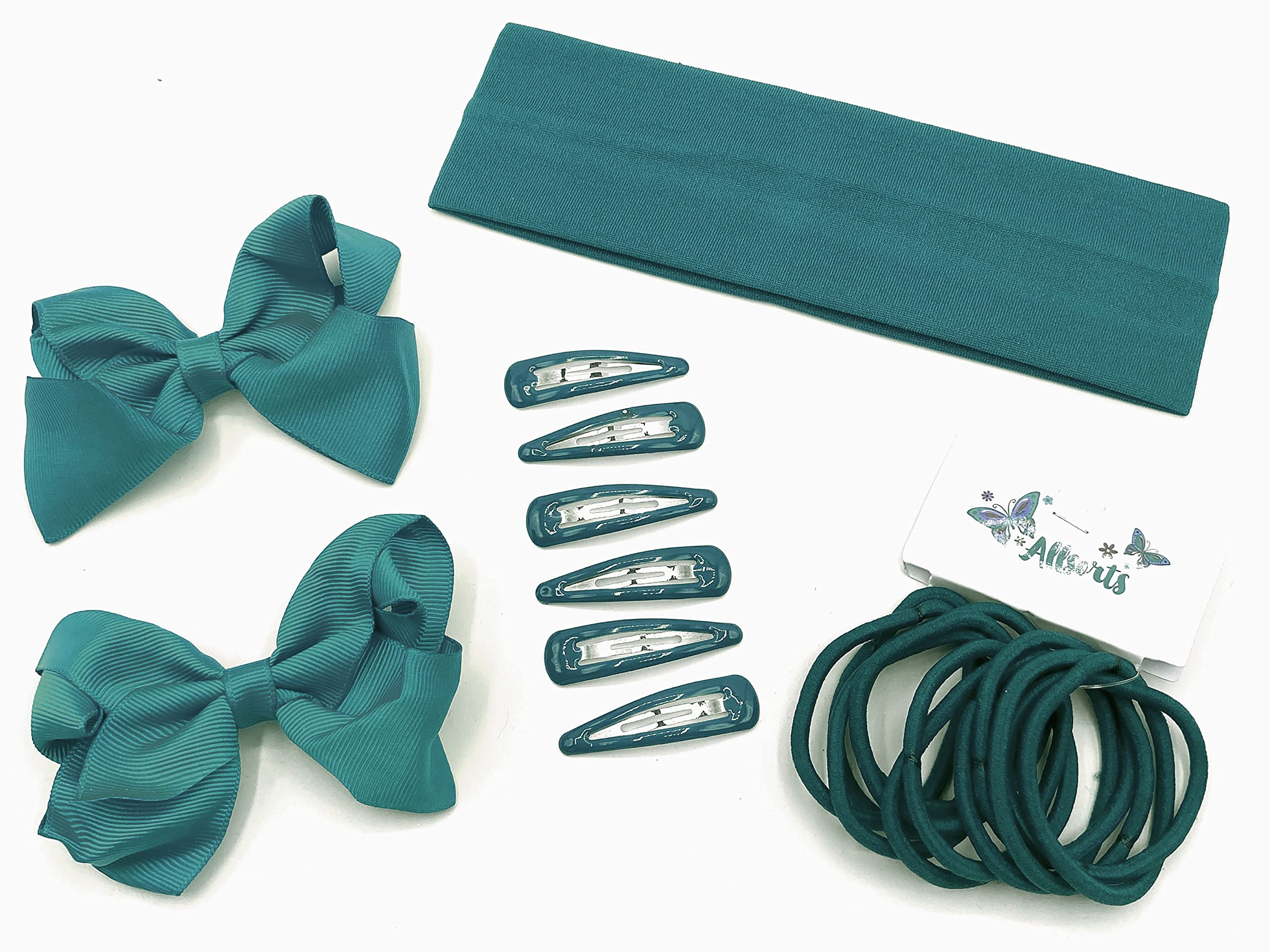 21 Piece School Hair Accessories Set for Girls - Hair Basics, Kylie Bands, Endless Hair Bobbles, Snap Clips & Bow Clips (Bottle Green) - Perfect for School, Parties & Daily Styling