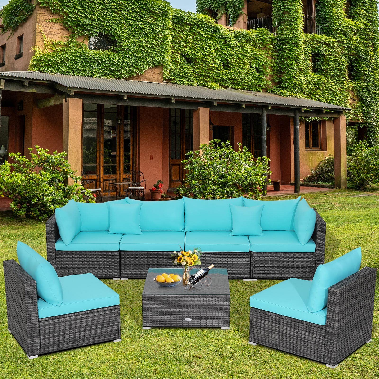 **Tangkula 7-Piece All-Weather Outdoor Patio Furniture Set - Rattan Sectional Sofa with Cushions & Tempered Glass Coffee Table - Perfect for Garden, Lawn, Backyard, Poolside (Turquoise Blue)**