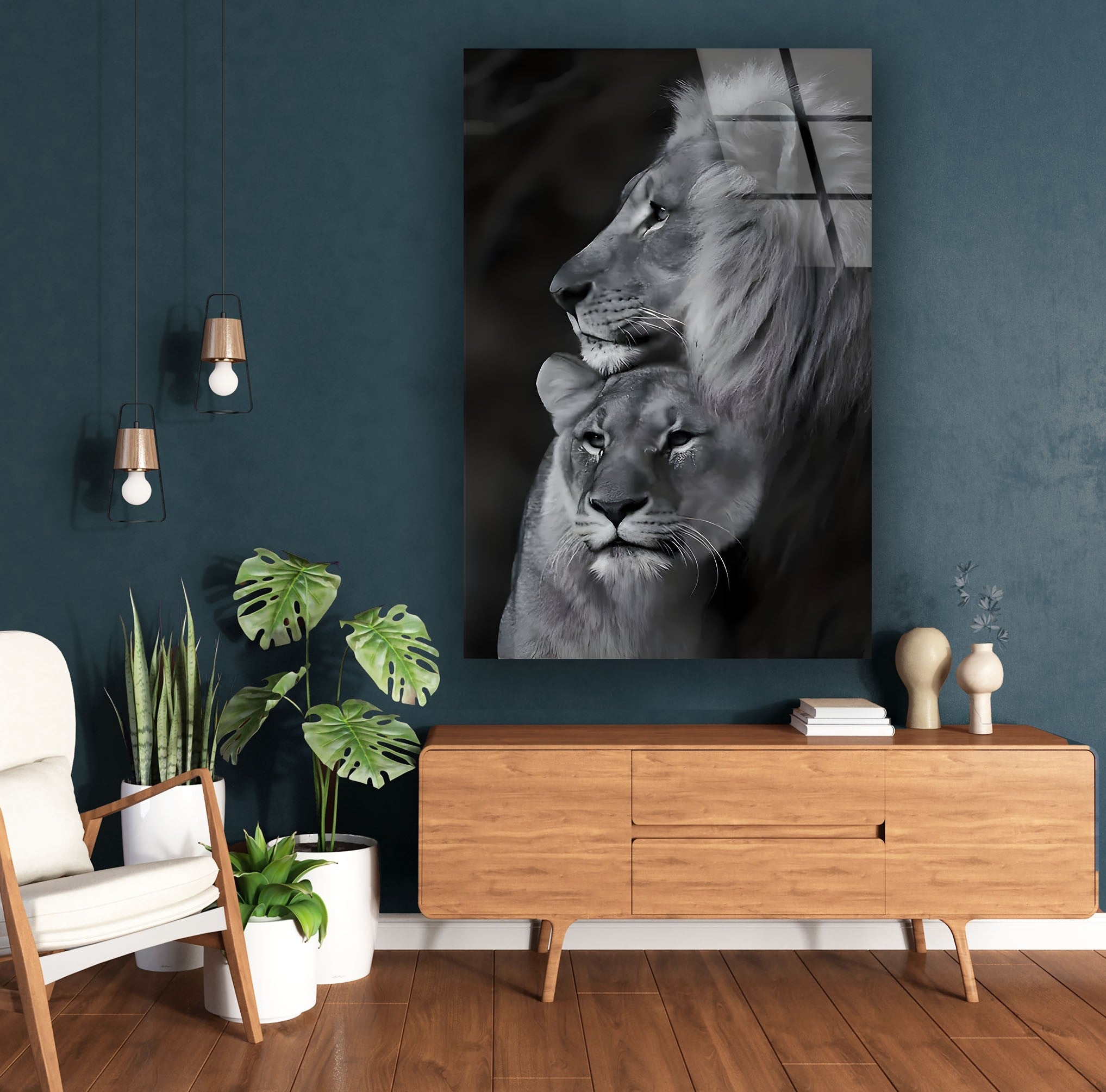 Black & White Lion Family Glass Wall Art - Elegant Home Decor for Living Room, Bedroom & Office - Perfect Gift for Animal Lovers