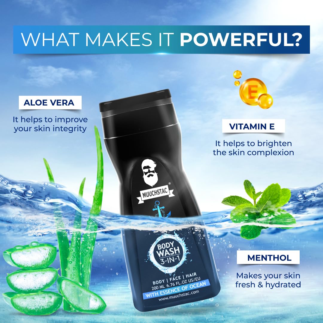 Muuchstac Ocean 3-in-1 Men's Body Wash - Clears Skin, Controls Sweat, Fights Body Acne & Odor | Long-Lasting Freshness Shower Gel (182ml) | Perfect for Gym, Travel & Daily Shower Routine
